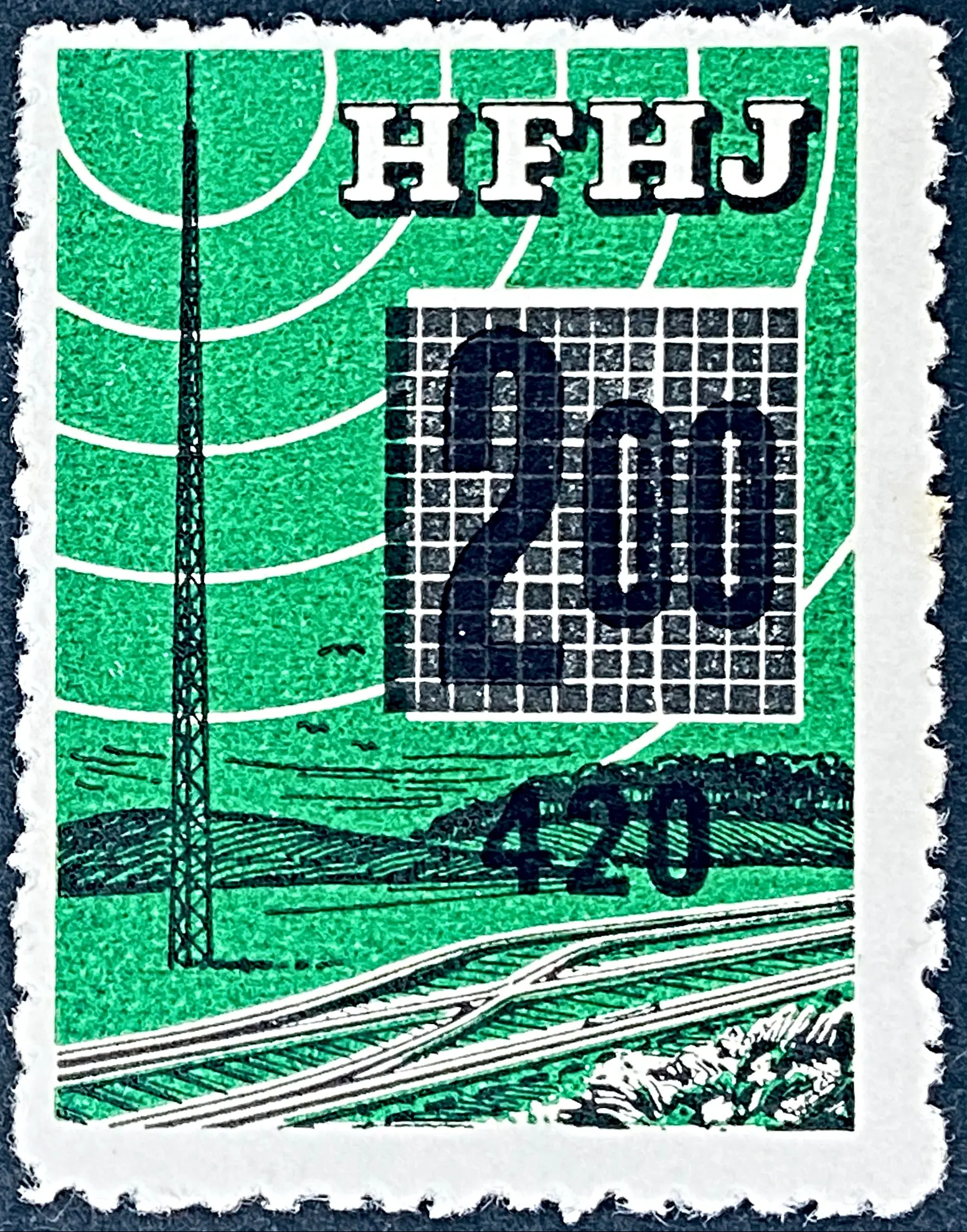 HFHJ 144 - Provisorium (overtryk) 420 Øre på 2<sup>00</sup> Kroner Motiv: Radiomast - Mørkegrøn.