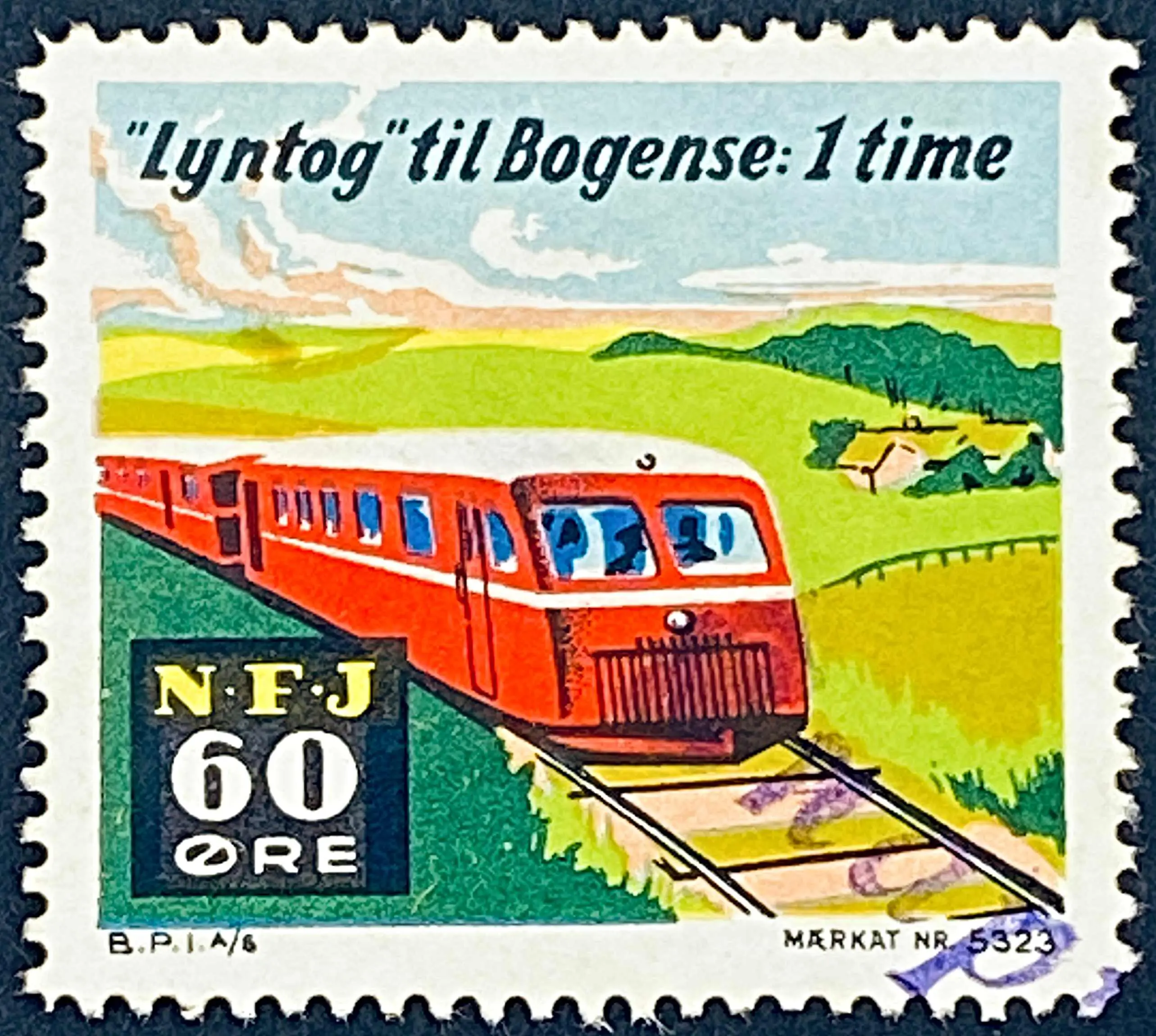 NFJ 35 - 60 Øre Motiv: Skinnebus - Flerfarvet - trykkeri: Beckers Papirindustri A/S med mærke nummer: 5323 - stemplet på Snapind Holdeplads.