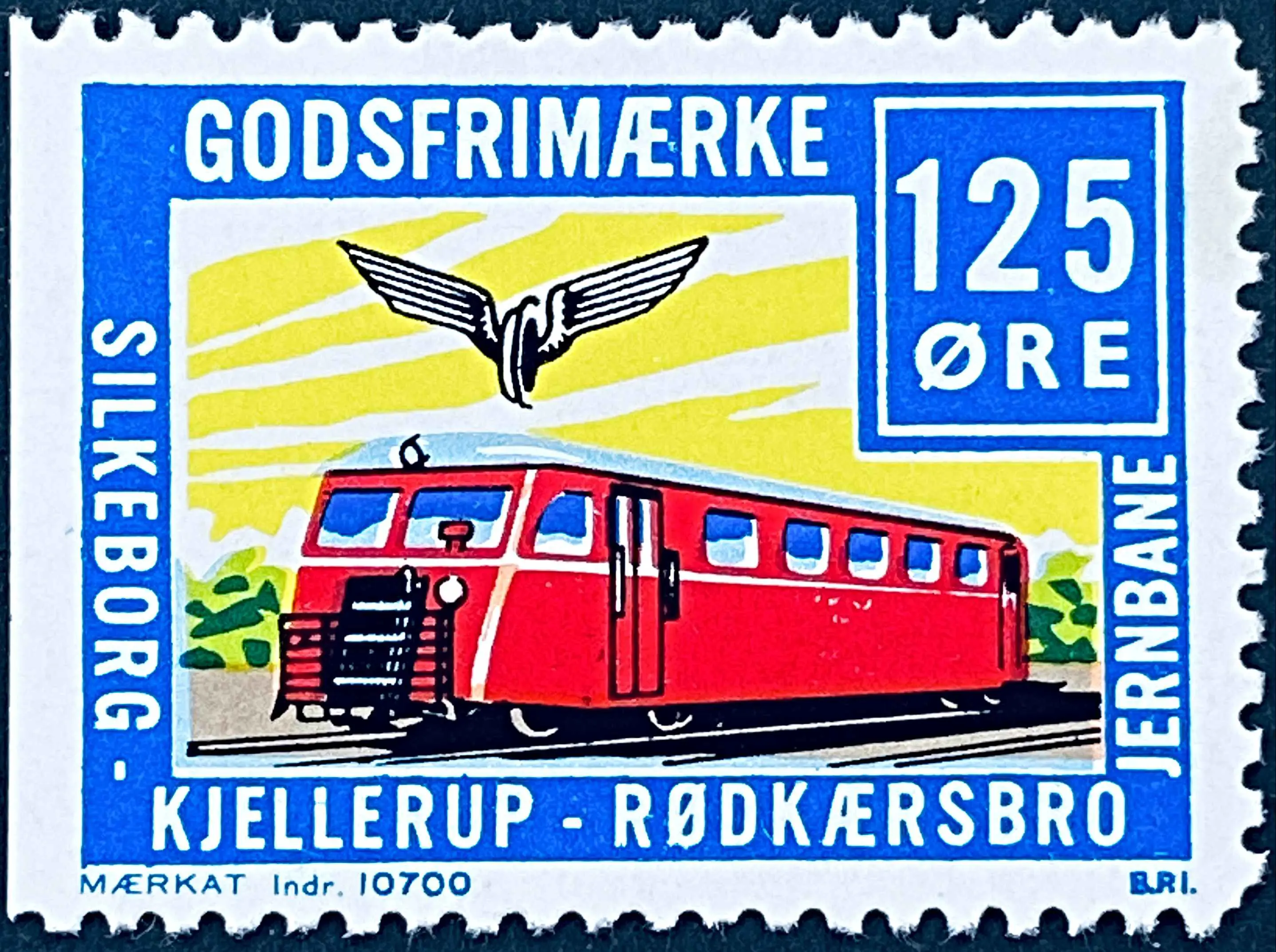 SKRJ 46 - 125 Øre Motiv: Skinnebus - Blå, Gul, Rød og sort - trykkeri: Beckers Papirindustri A/S med mærke nummer: 10700.