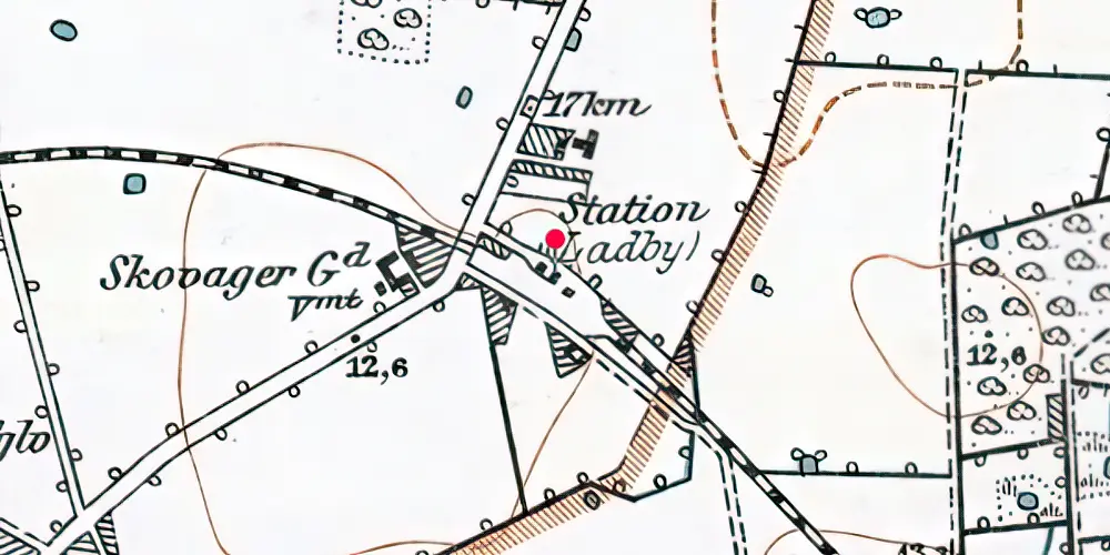 Historisk kort over Ladby (Fyn) Trinbræt med Sidespor