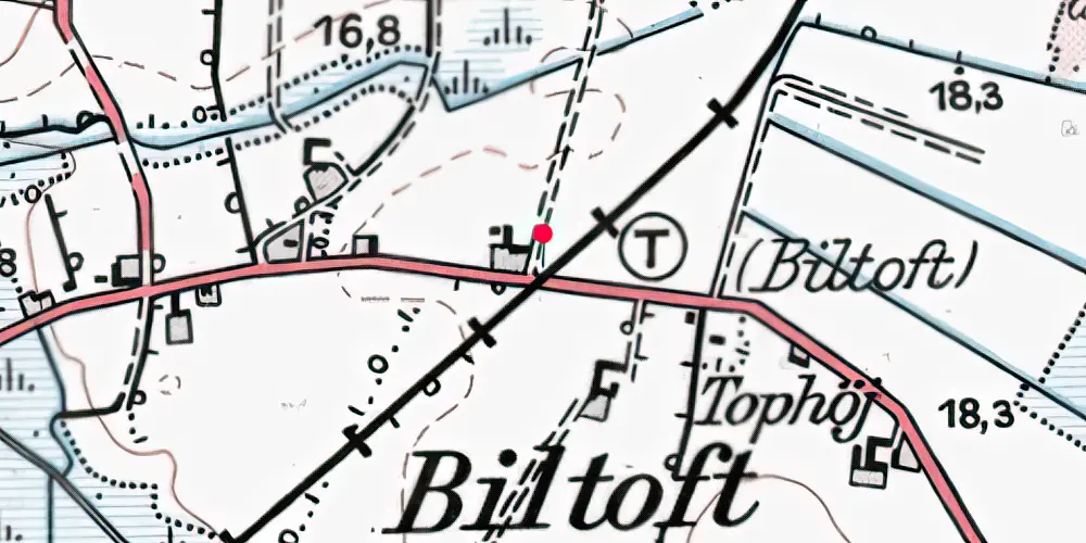 Historisk kort over Biltoft Trinbræt med Sidespor