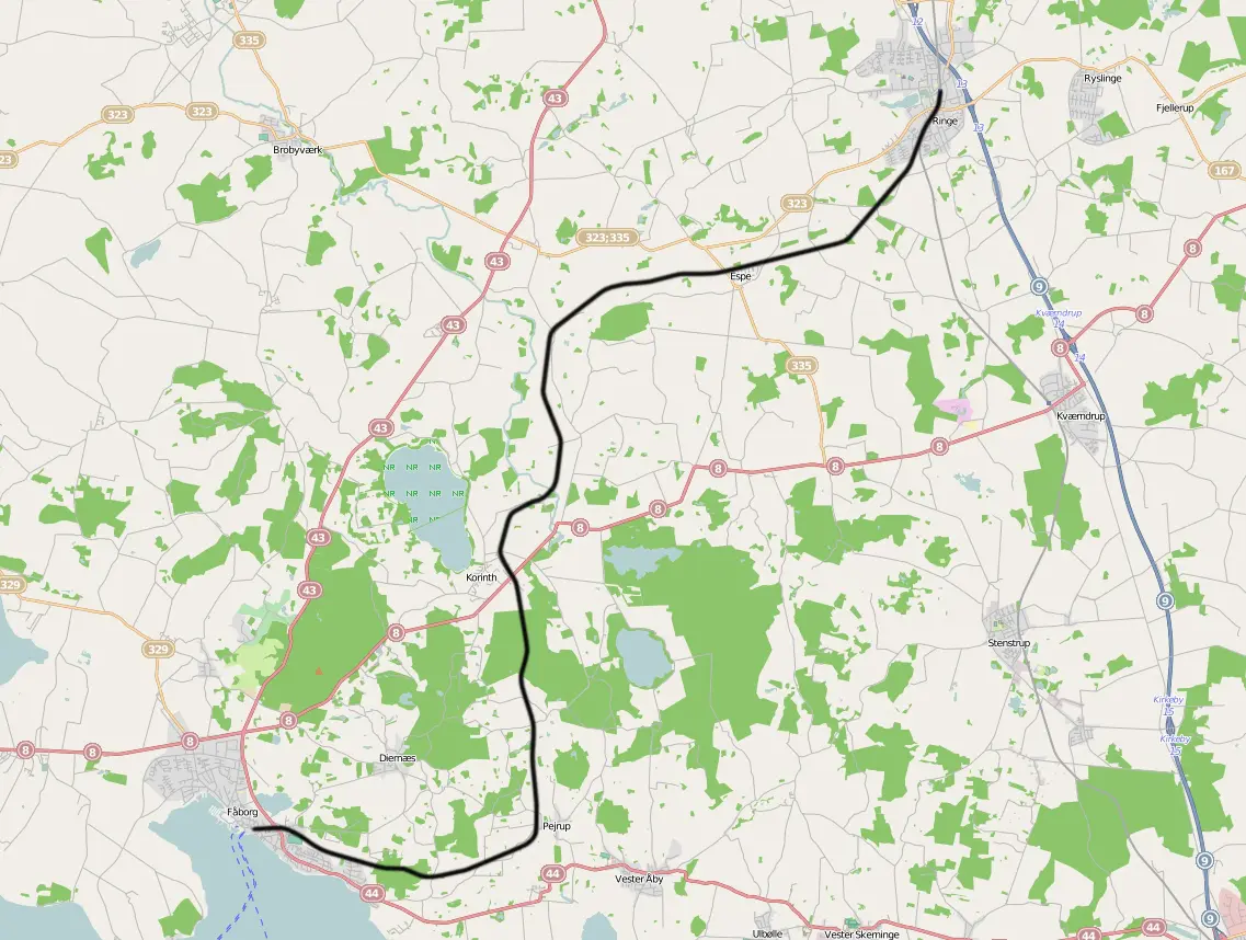 Kort over benestrækningen: Fåborg-Ringe (RFB)