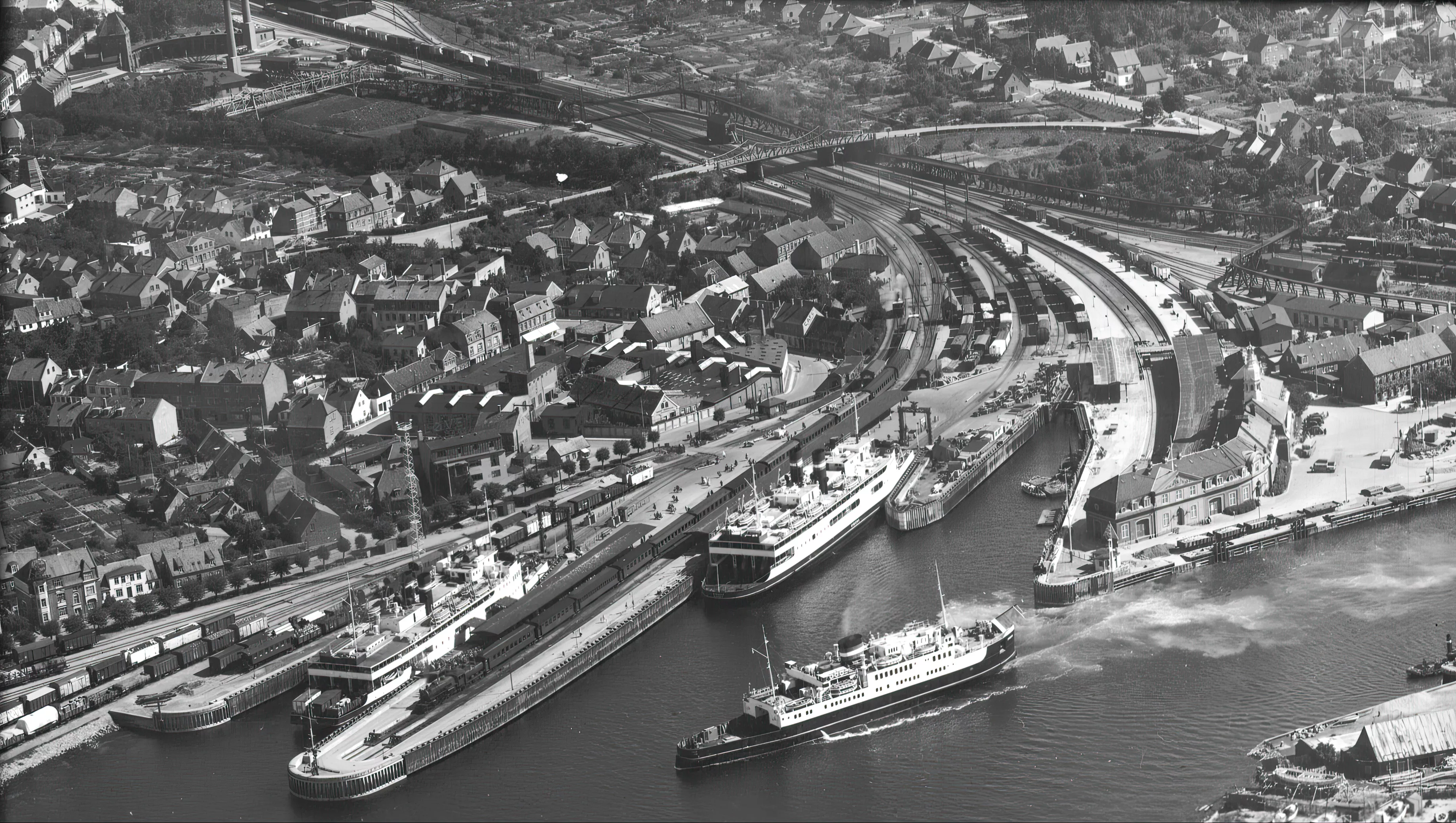 Billede af Korsør Station med færgen "Nyborg" i havn og færgen "Freia" sejlende forbi.