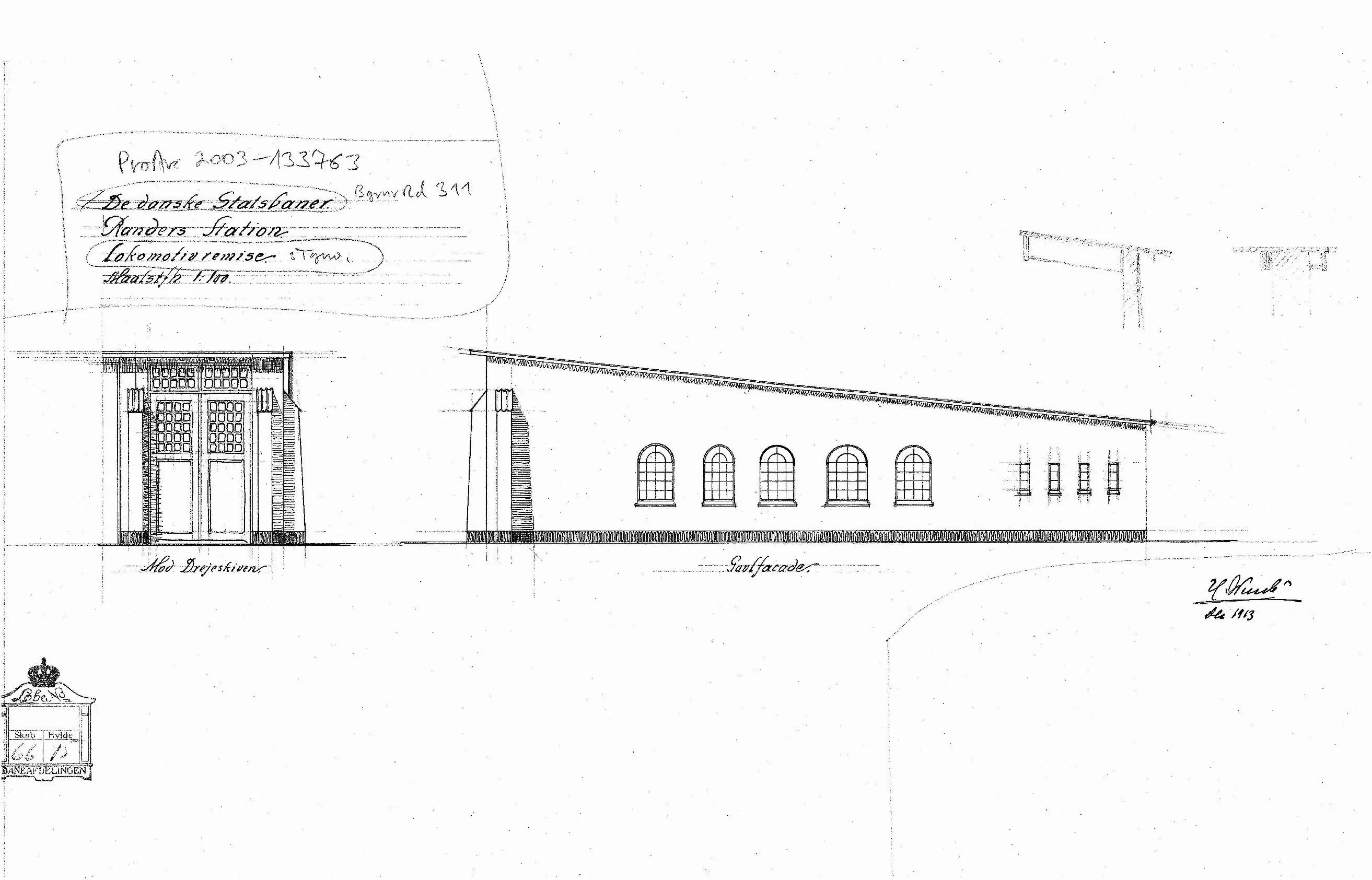 Tegning af Randers Stations remise.