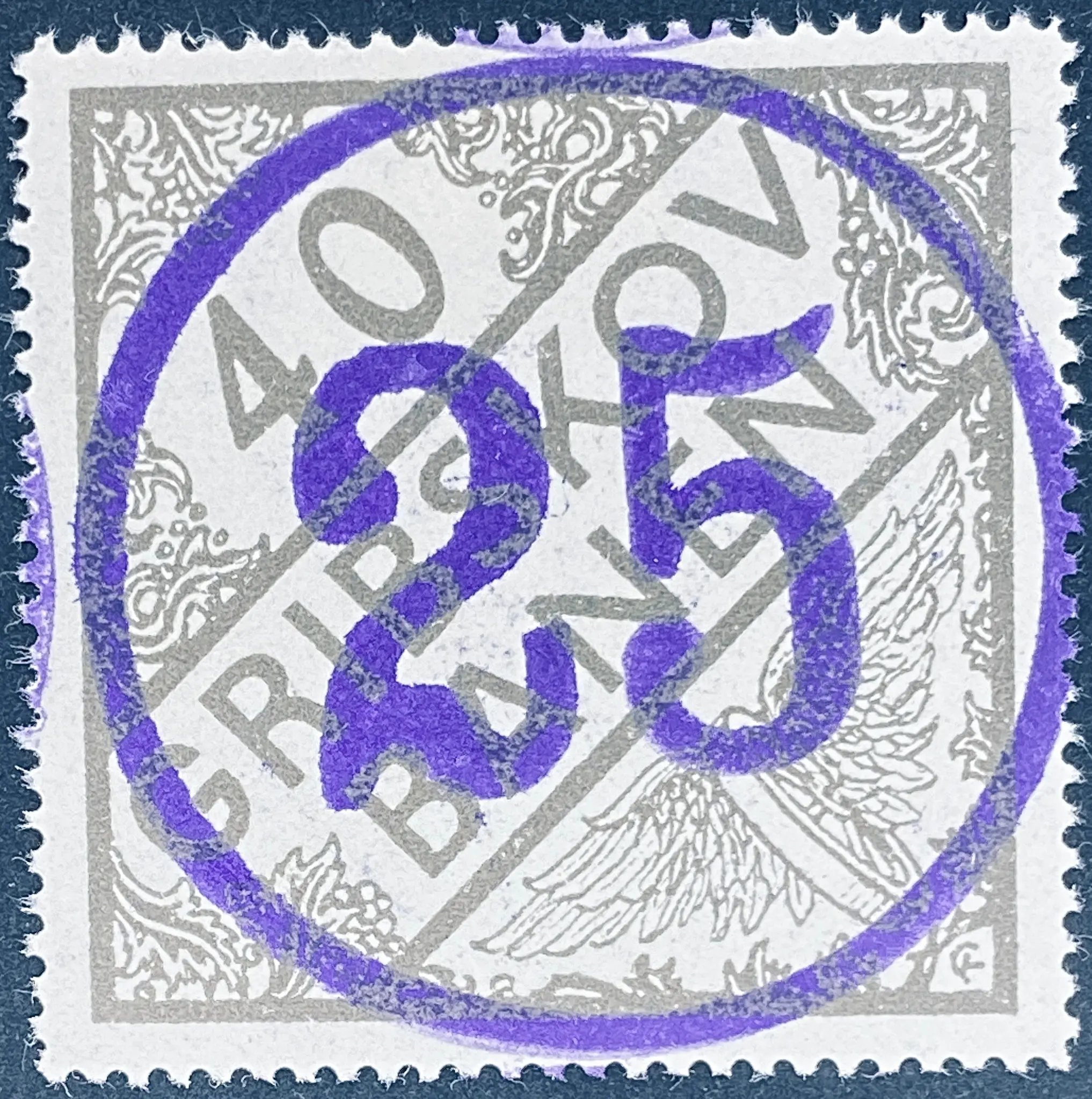 GDS 24 - Provisorium (overtryk) 25 Øre violet håndstemplet med 25 øre i stor cirkel på 40 Øre Motiv: Vingehjul - Grå.