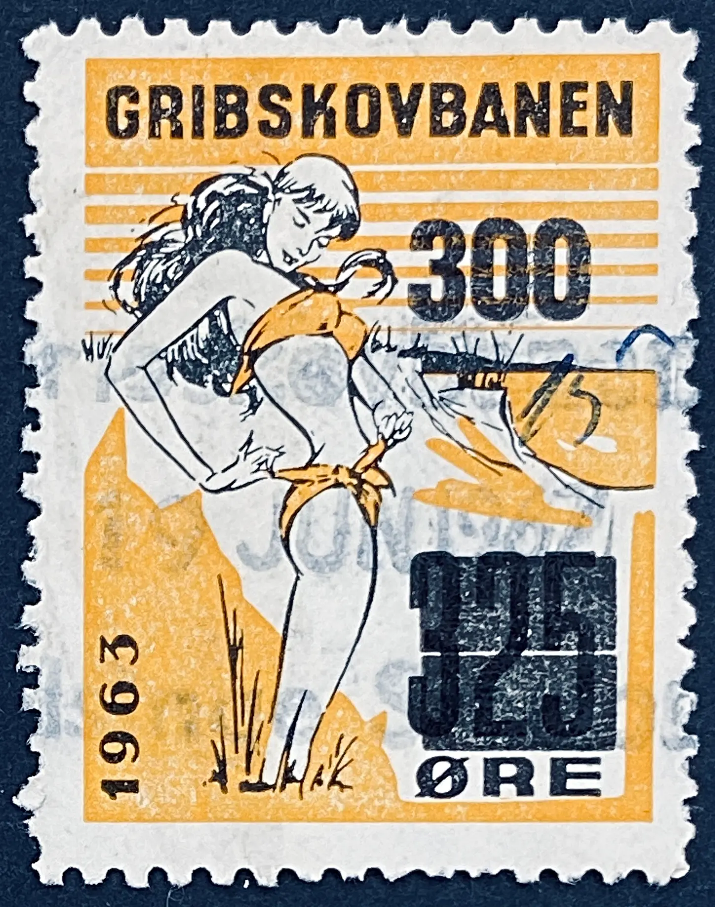 GDS 82 - Provisorium (overtryk) 300 Øre sort på 325 Motiv: Badepige - Sort og Orange - banemærket er stemplet.