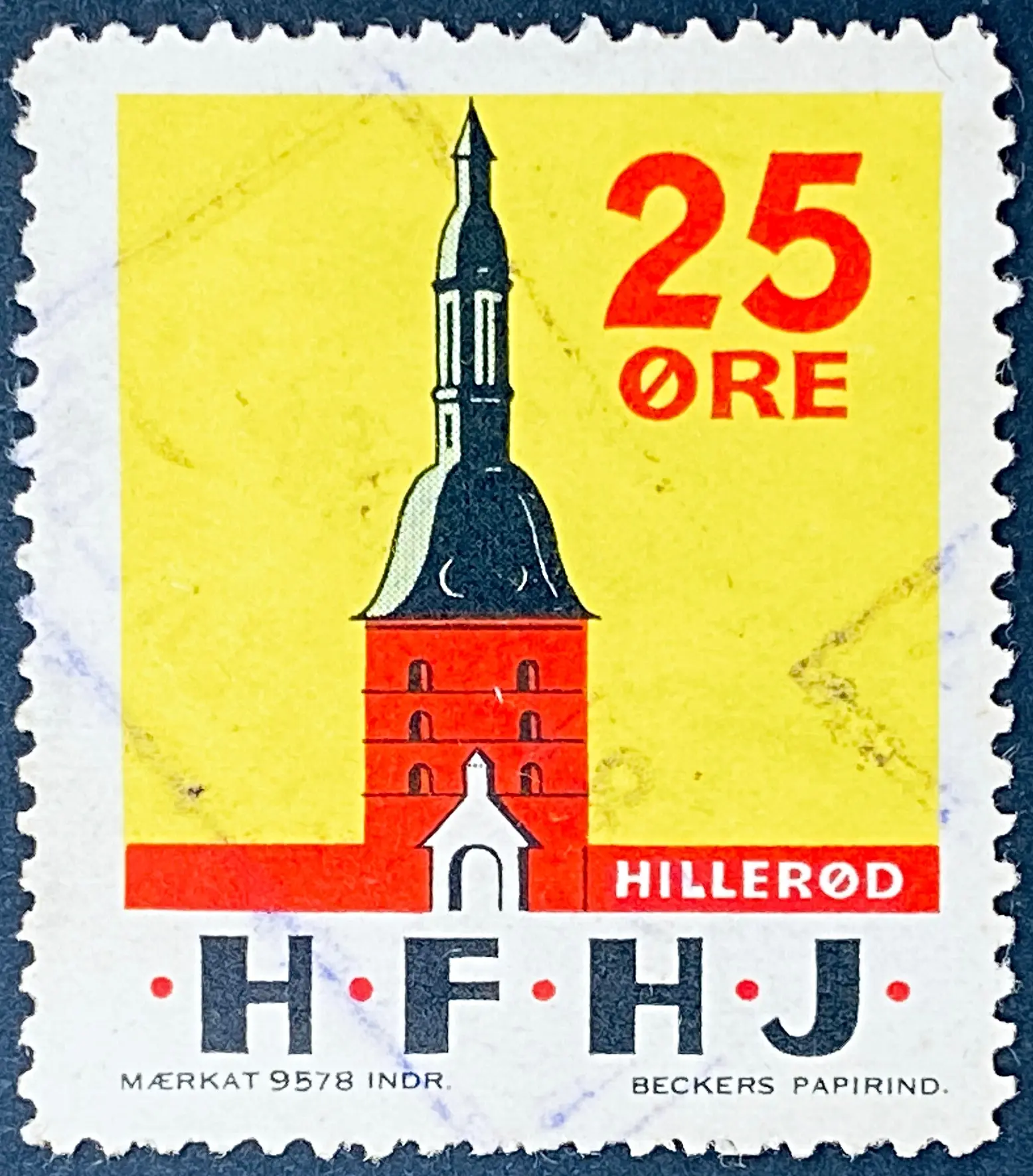 HFHJ 81 - 25 Øre Motiv: Hillerød slotstårn - Flerfarvet - trykkeri: Beckers Papirindustri A/S med mærke nummer: 9578 - banemærket er stemplet.