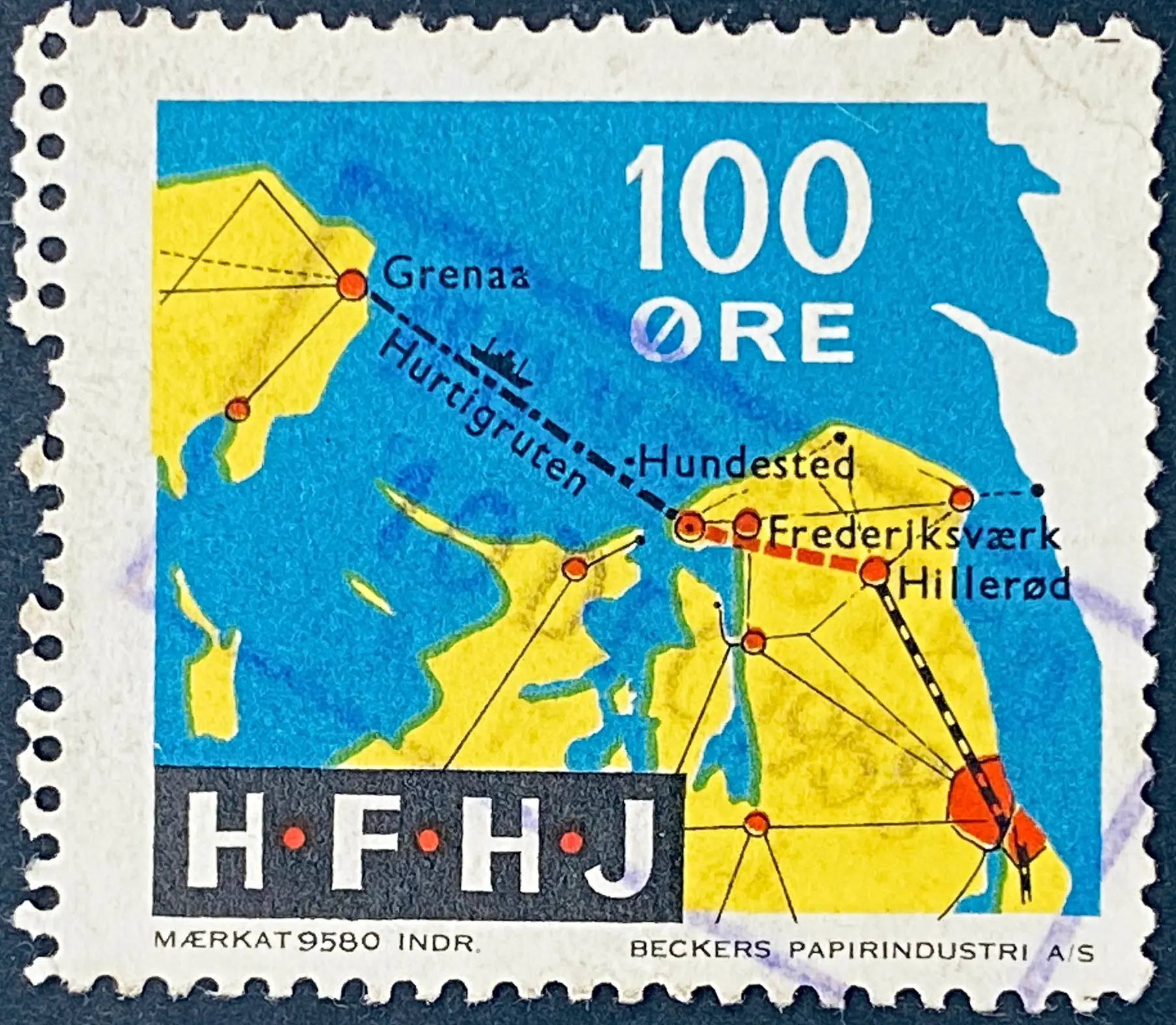 HFHJ 83 - 100 Øre Motiv: Kort med Hurtigruten Grenaa Hundested - Flerfarvet - trykkeri: Beckers Papirindustri A/S med mærke nummer: 9580.