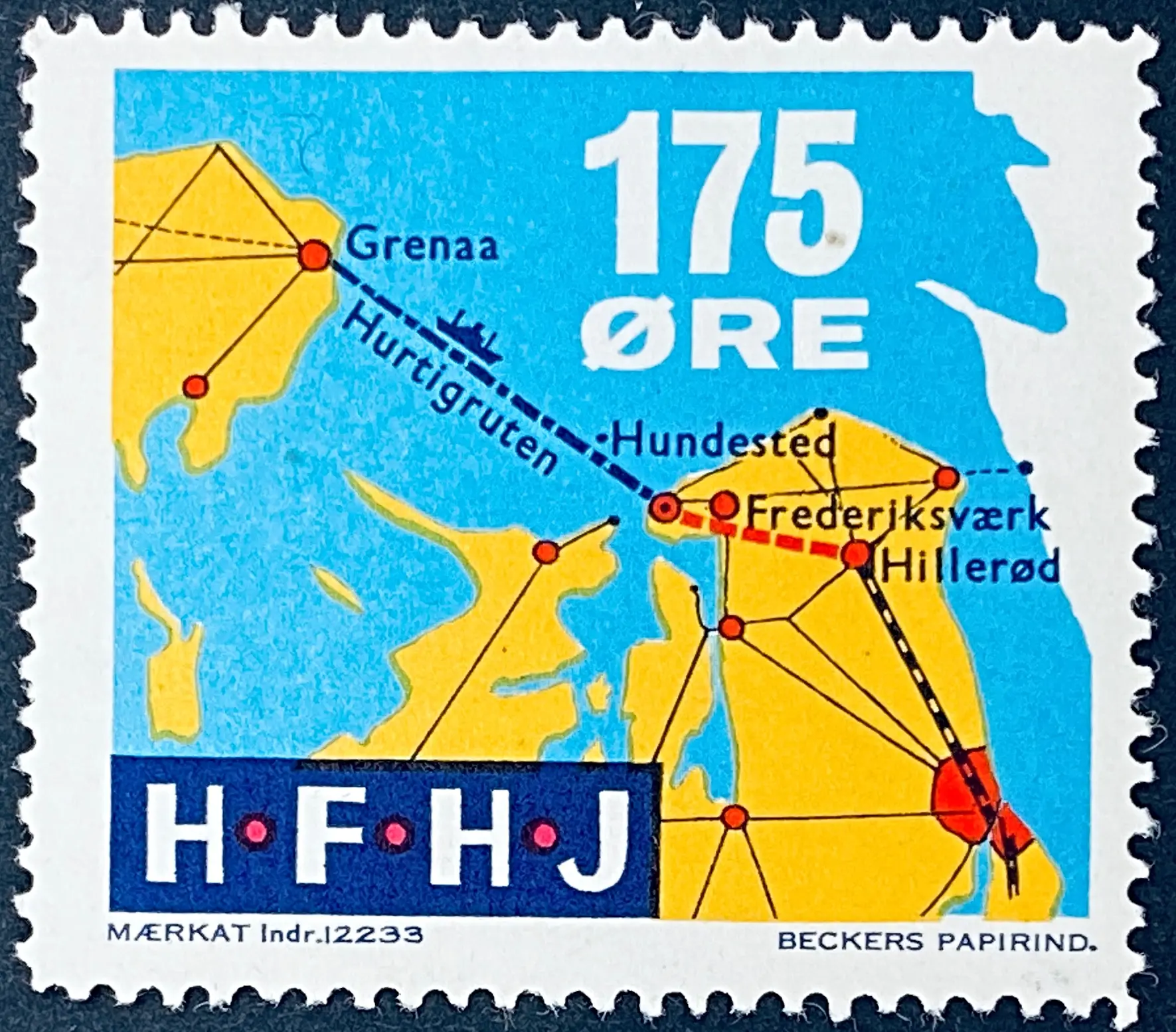 HFHJ 117 - 175 Øre Motiv: Kort med Hurtigruten Grenaa Hundested - Flerfarvet - trykkeri: Beckers Papirindustri A/S med mærke nummer: 12233.