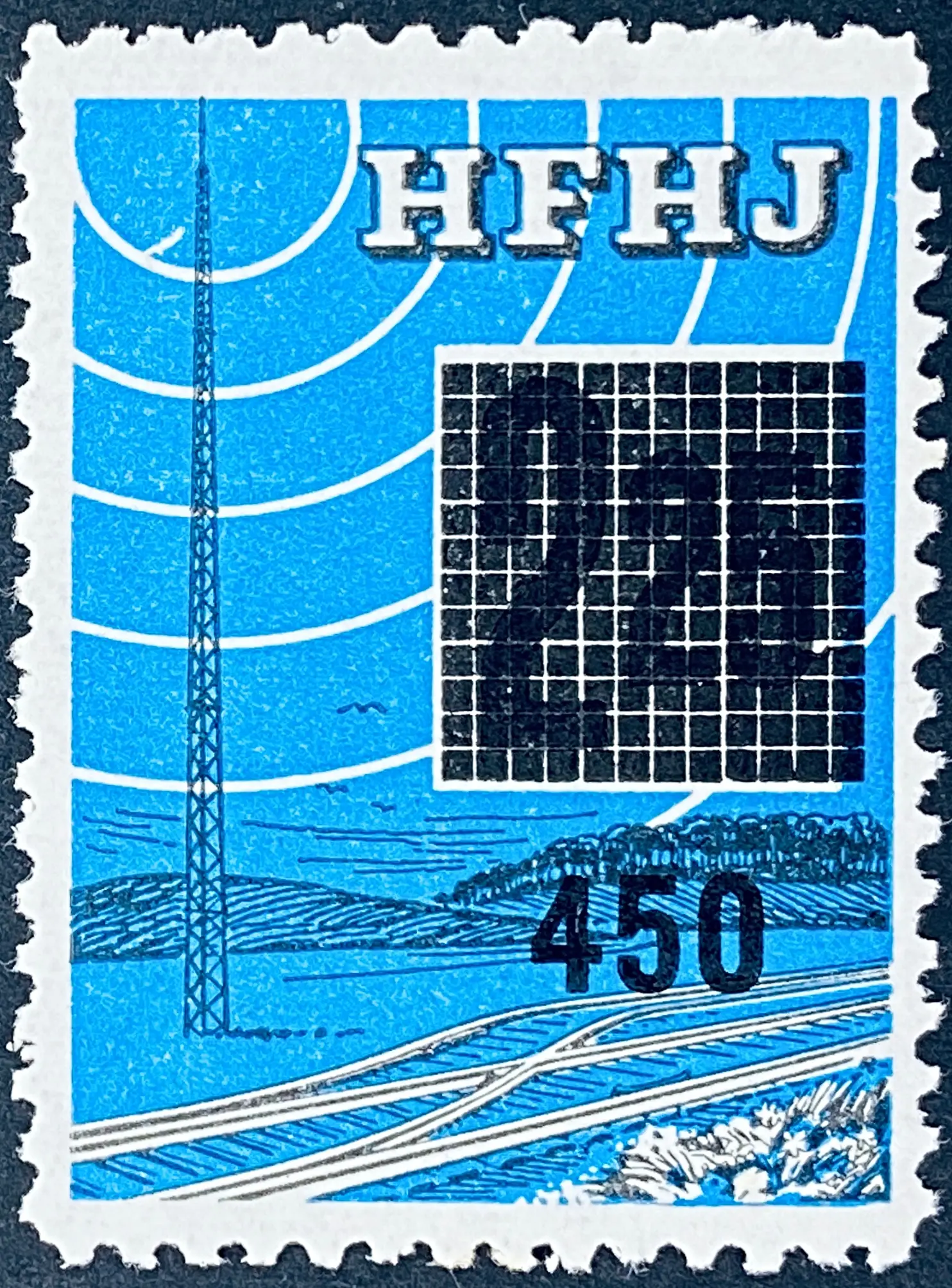 HFHJ 136A - Provisorium (overtryk) 450 Øre sort på 2<sup>25</sup> Kroner Motiv: Radiomast - Blå.