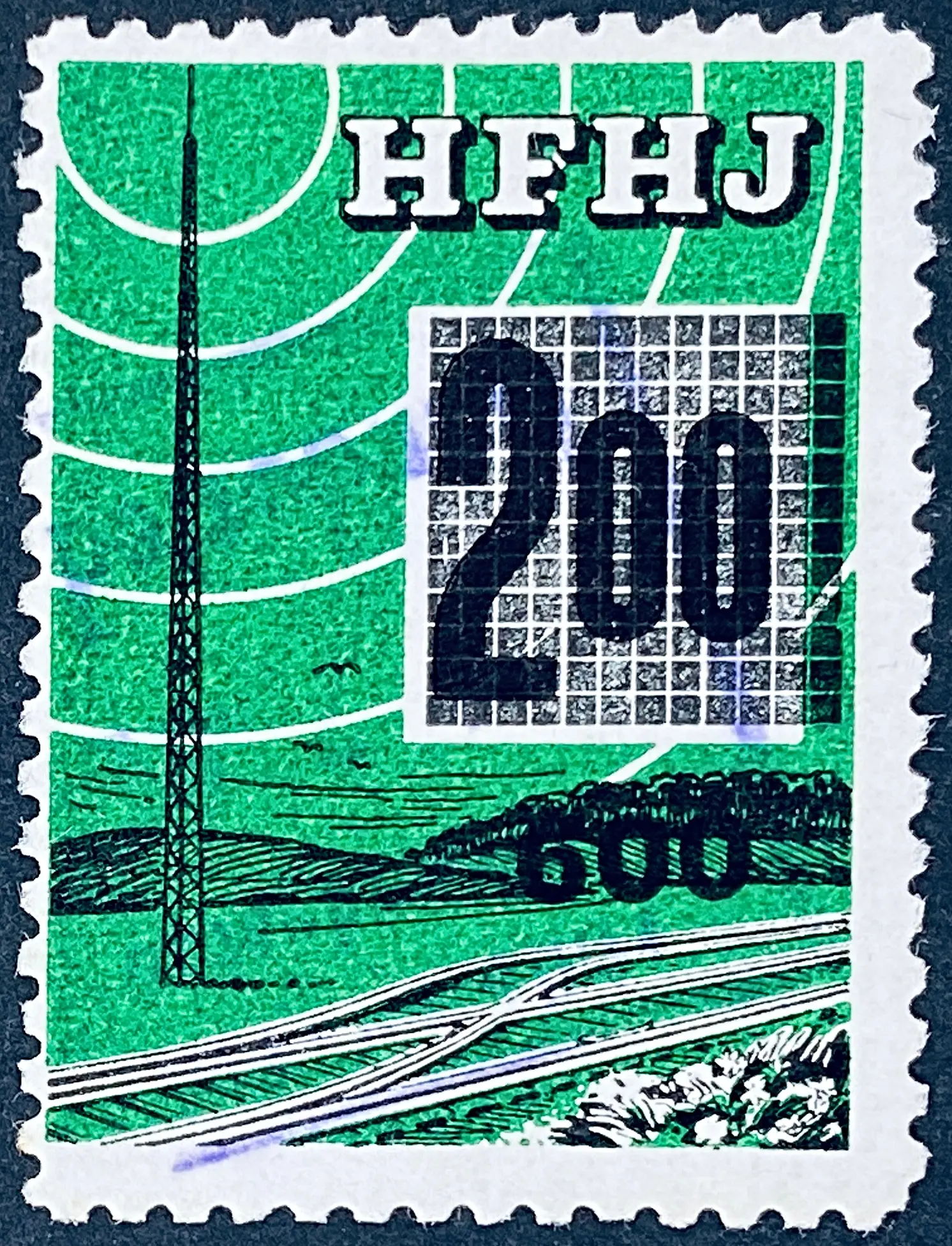 HFHJ 151 - Provisorium (overtryk) 600 Øre sort på 2<sup>00</sup> Kroner Motiv: Radiomast - Mørkegrøn - banemærket er stemplet.