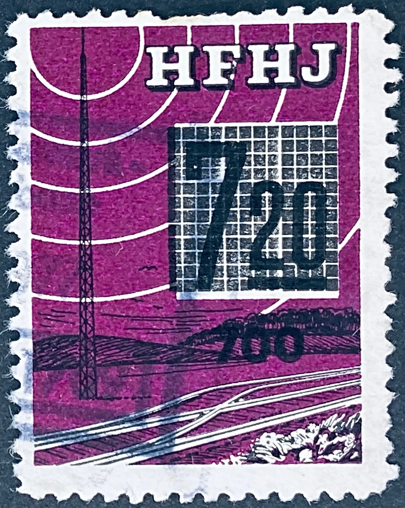 HFHJ 152 - Provisorium (overtryk) 700 Øre sort på 7<sup>20</sup> Kroner Motiv: Radiomast - Lilla - banemærket er stemplet.