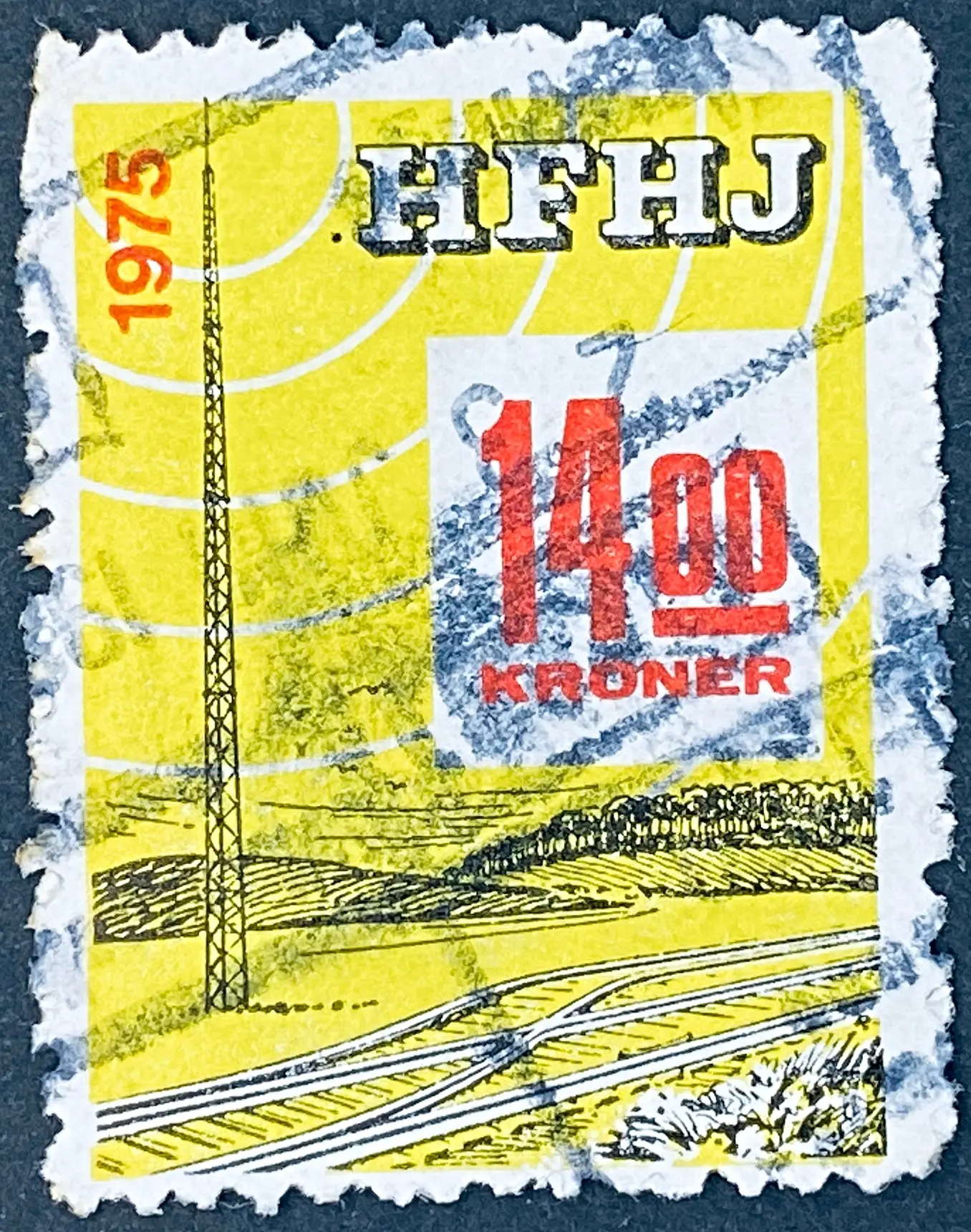 HFHJ 171 - 14<sup>00</sup> Kroner Motiv: Radiomast - Gul, Sort og Rød - banemærket er stemplet.