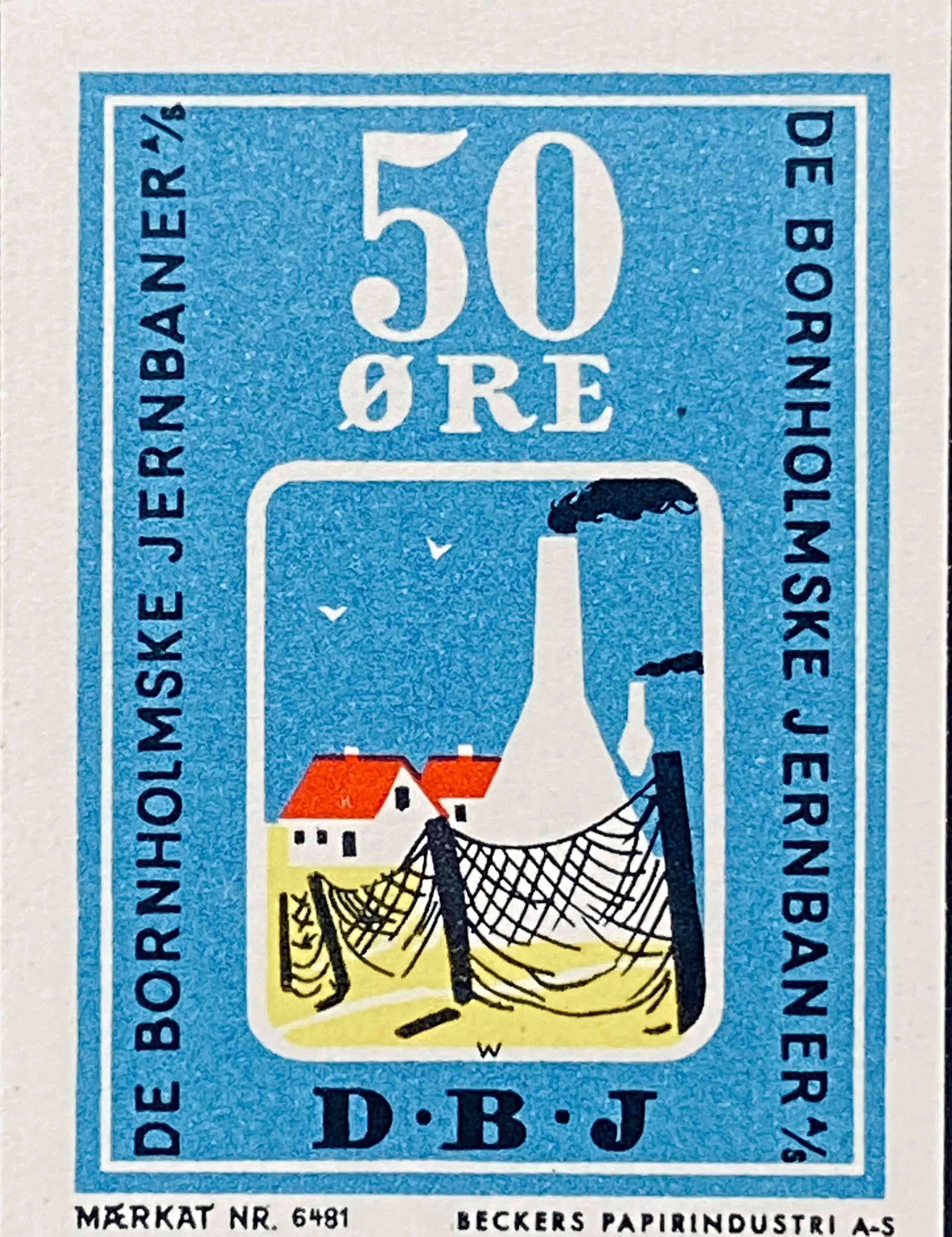 DBJ 016A - 50 Øre Motiv: Røgeri - Blå - trykkeri: Beckers Papirindustri A/S med mærke nummer: 6481.