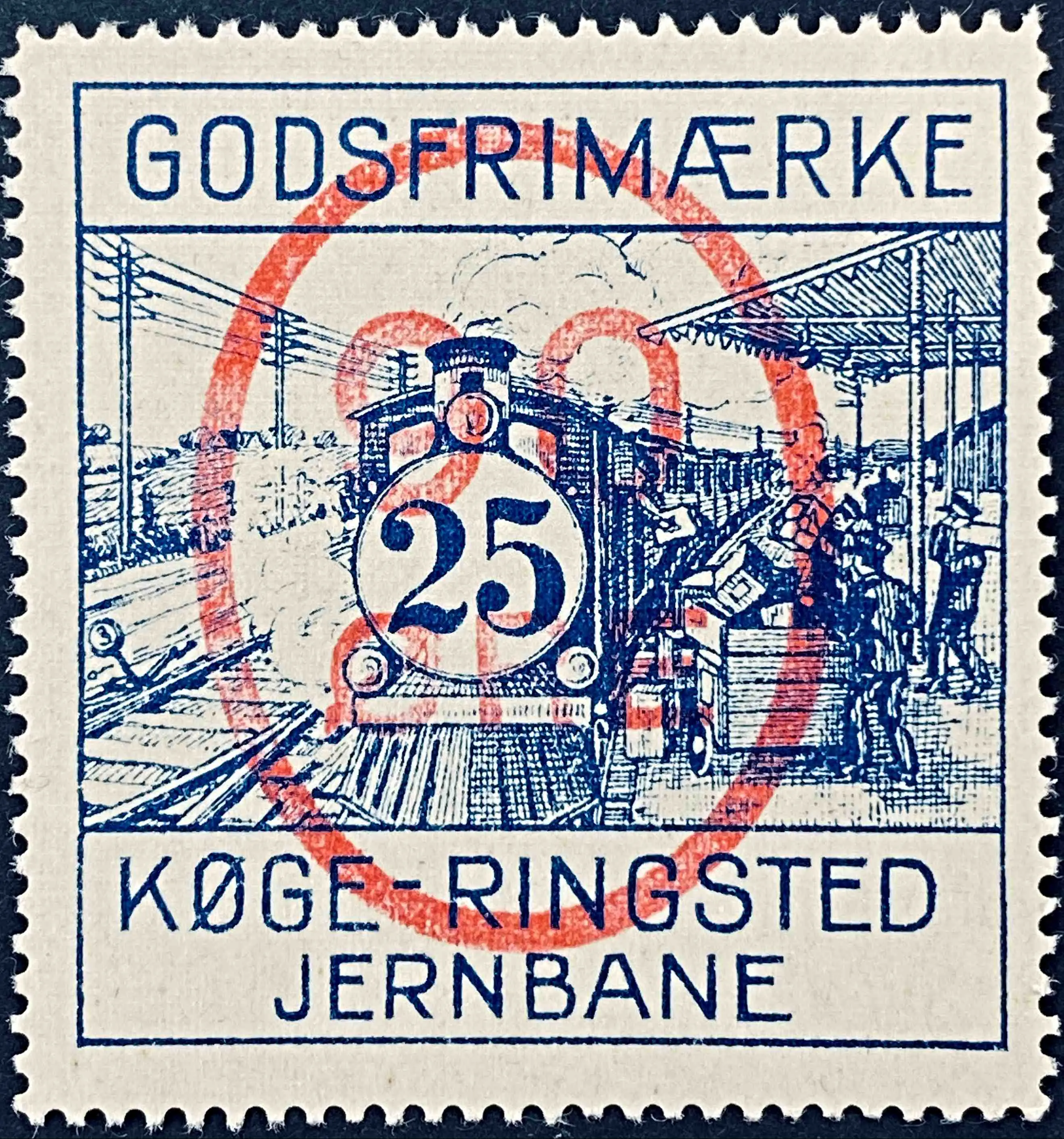 KRB 8 - Provisorium (overtryk) 90 Øre Håndstemplet Rødt i oval ramme på 25 Øre Motiv: Damptog - Blå.