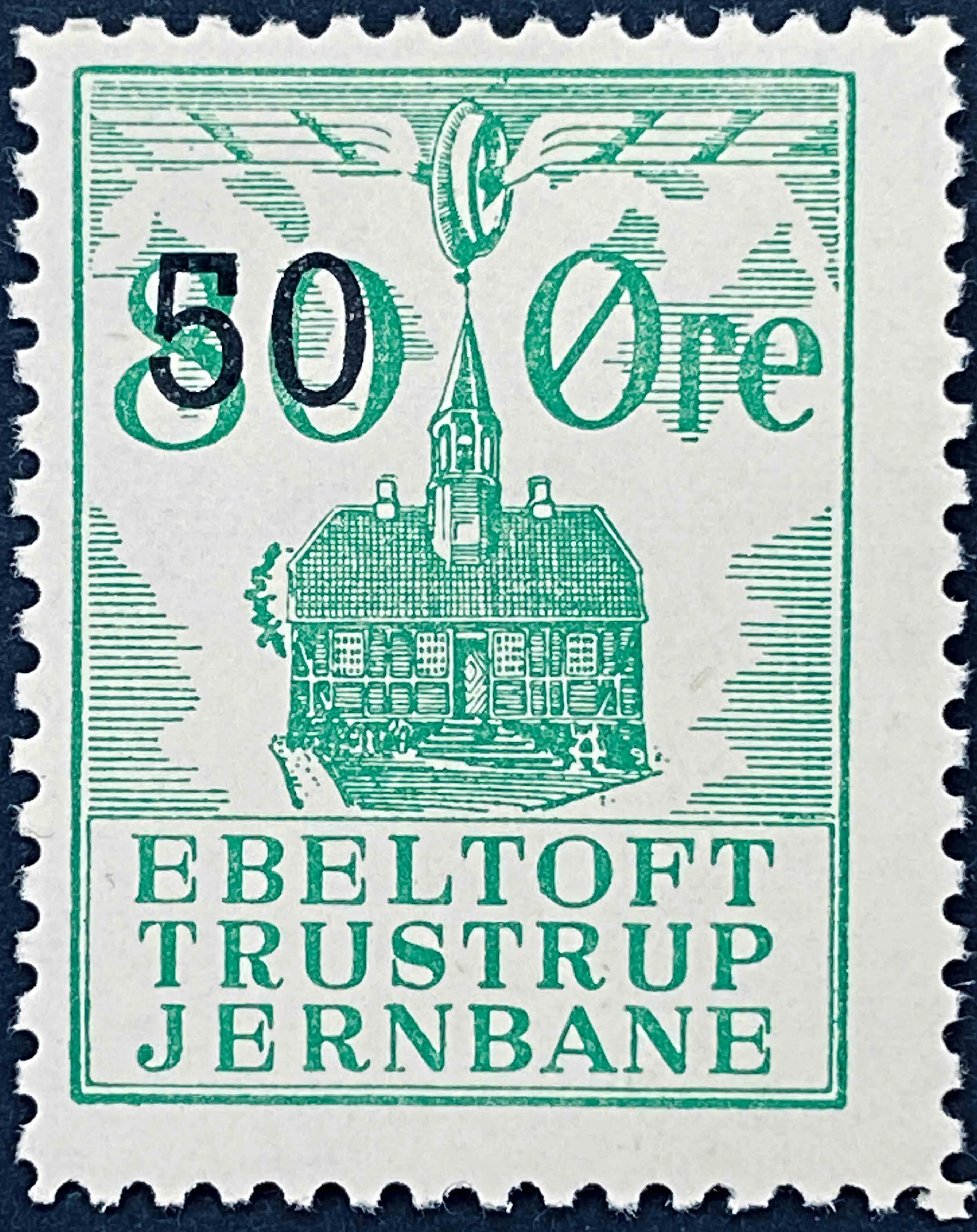 ETJ 43B - Provisorium (overtryk) 50 Øre sort bogtryk på 80 Øre Motiv: Ebeltoft Rådhus - Grøn.