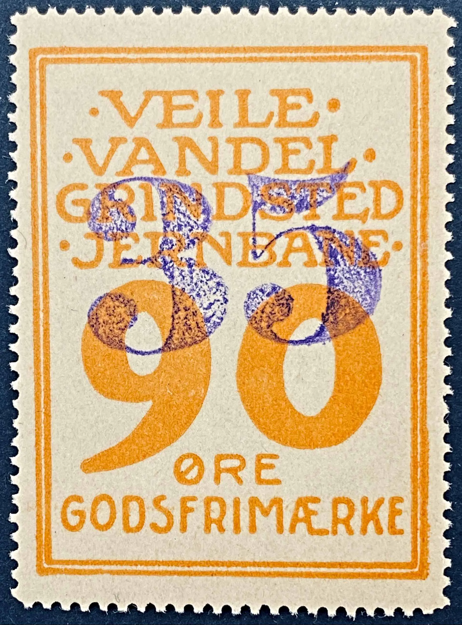 VVGJ 13 - Provisorium (overtryk) 35 Øre violet håndstemplet på 90 Øre - Orange.