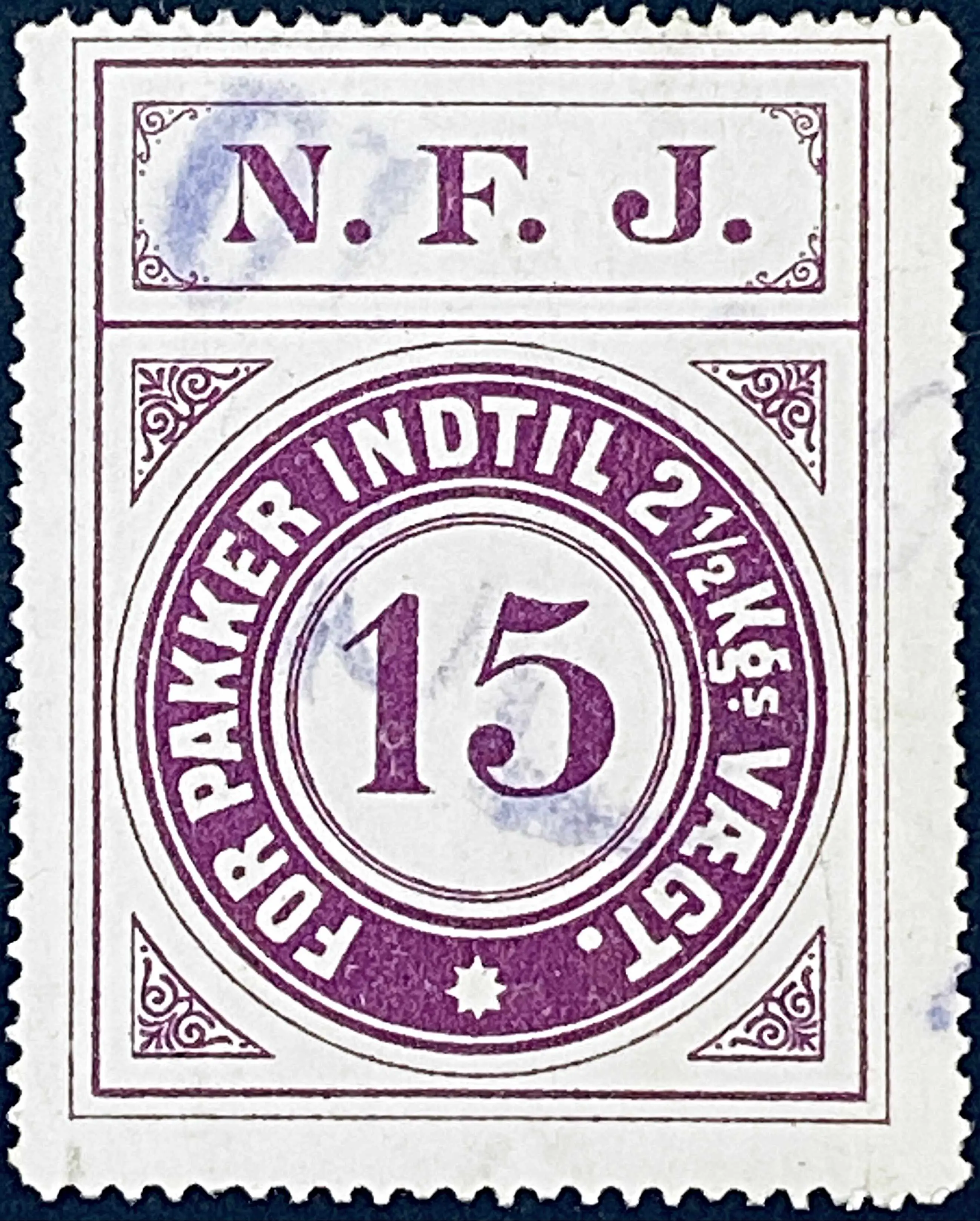 NFJ 6 - 15 Øre - Violet nuance - banemærket er stemplet.