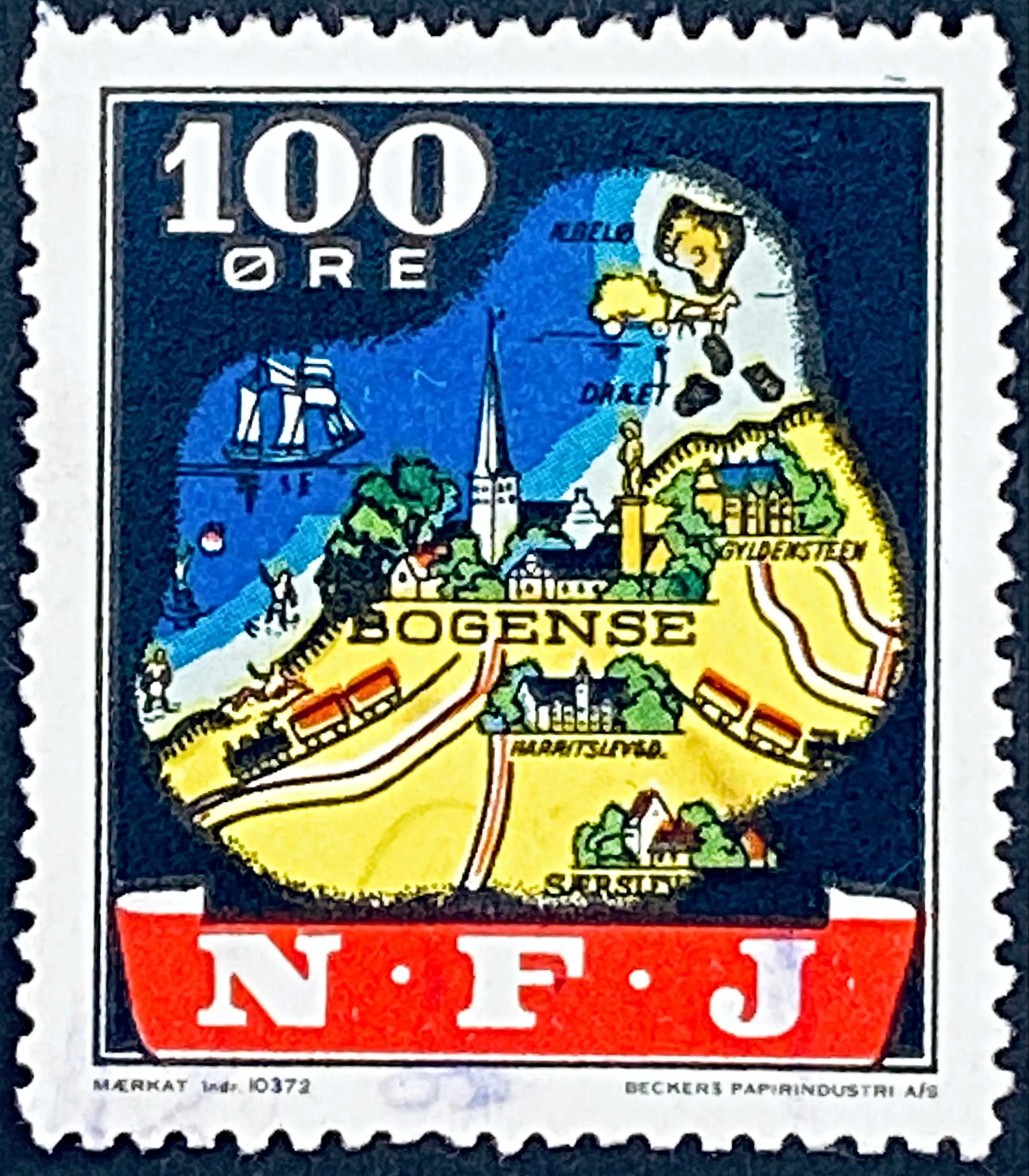 NFJ 42 - 100 Øre Motiv: Kort over Bogense by og omegn - Flerfarvet - trykkeri: Beckers Papirindustri A/S.