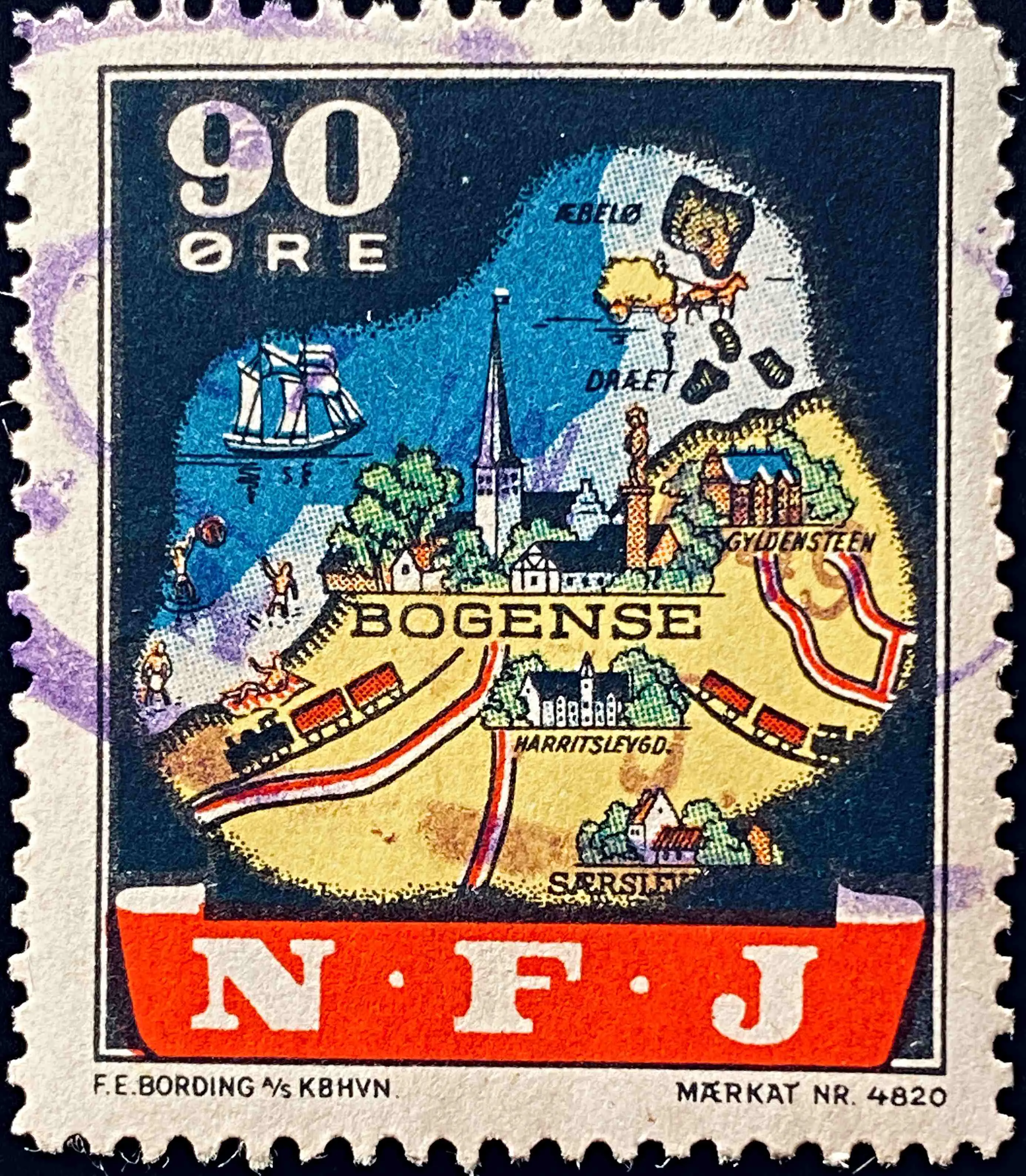 NFJ 34 - 90 Øre Motiv: Kort over Bogense by og omegn - Flerfarvet - trykkeri: F E Bording med mærke nummer: 4820 - banemærket er stemplet.