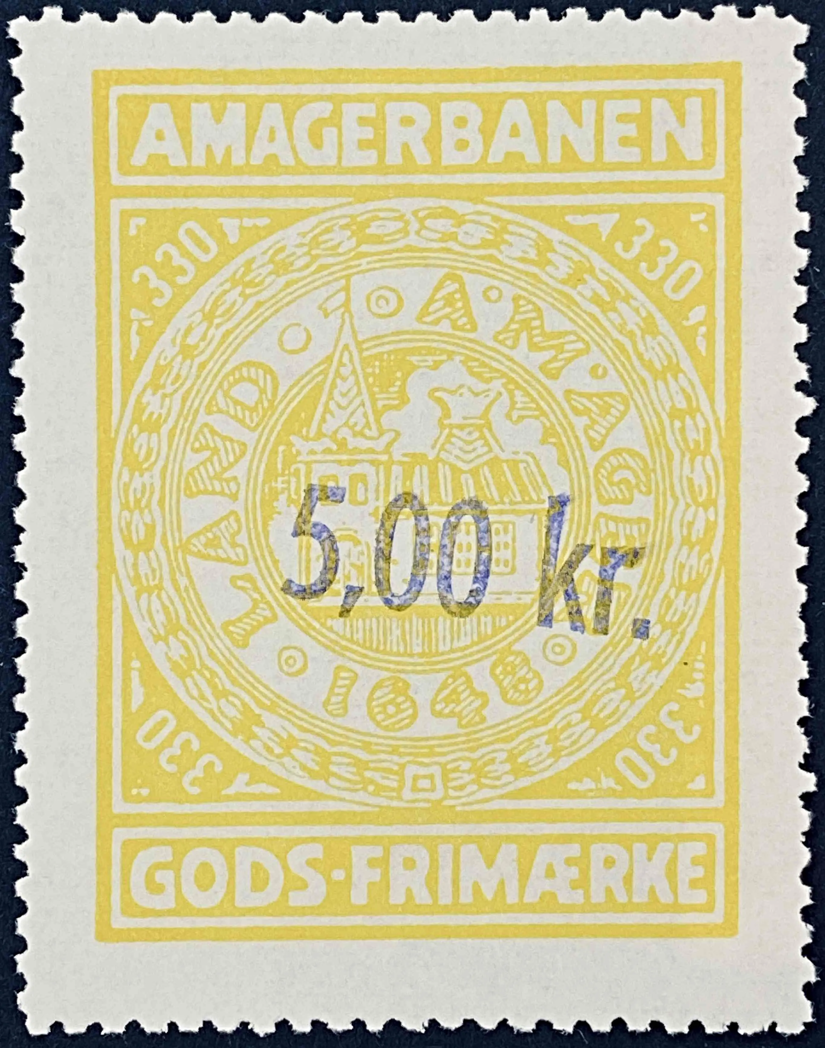 AB 74 - Provisorium (overtryk) 5,00 kr. på 330 Øre - Gul.