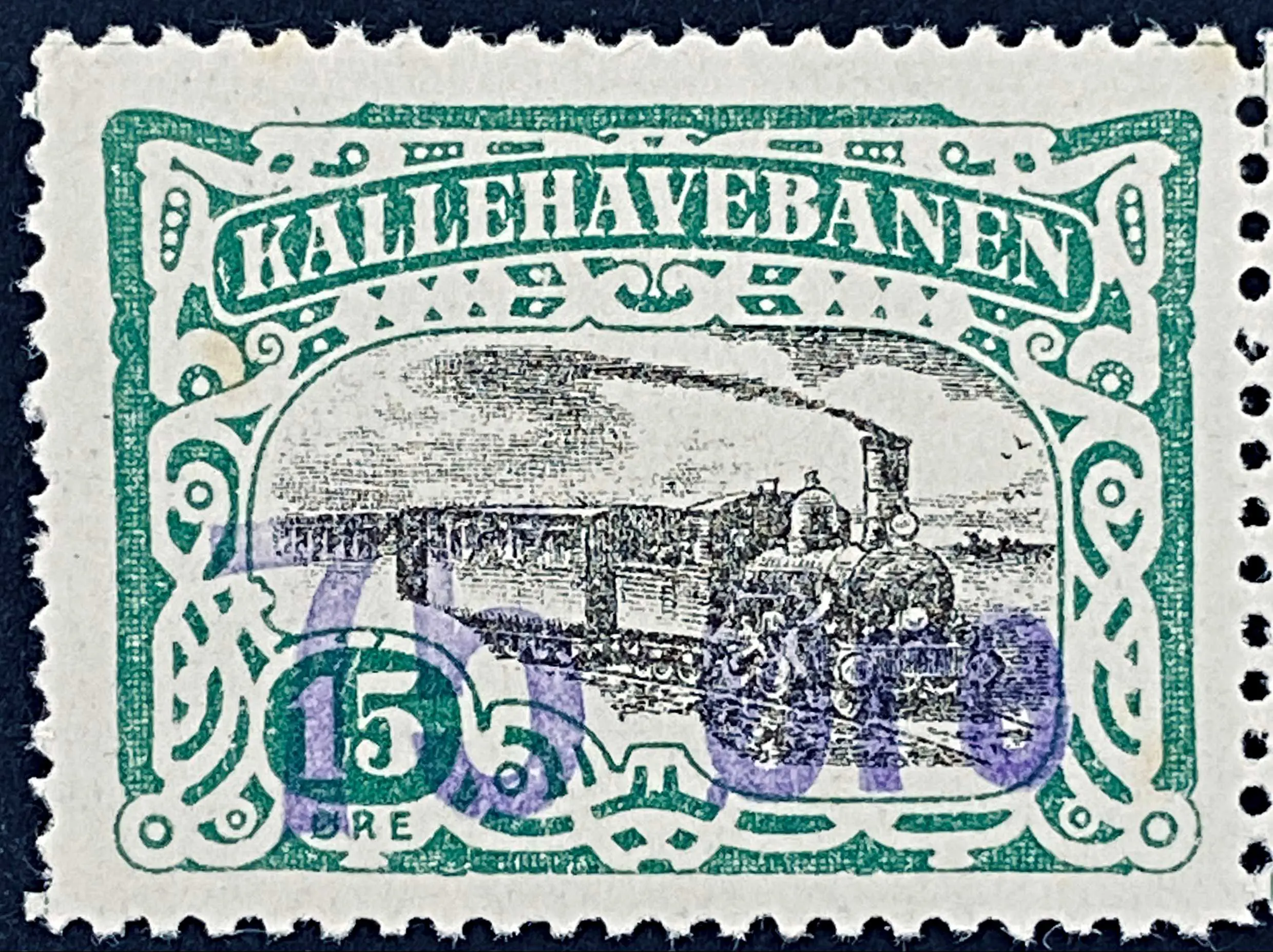 KB 16 - Provisorium (overtryk) 75 Øre violet håndstemplet på 15 Øre - Grøn nuance.