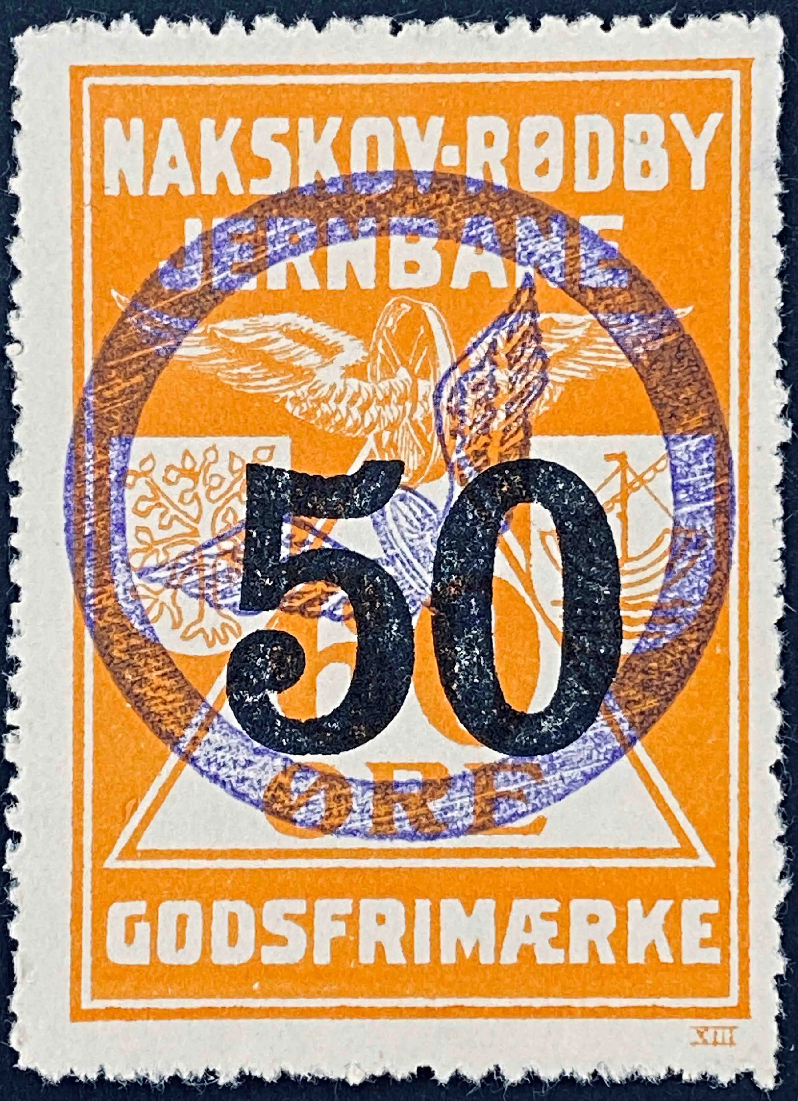 NRJ 9 - Provisorium (overtryk) 50 Øre sort bogtryk på 60 Øre - Orange - banemærket er stemplet.