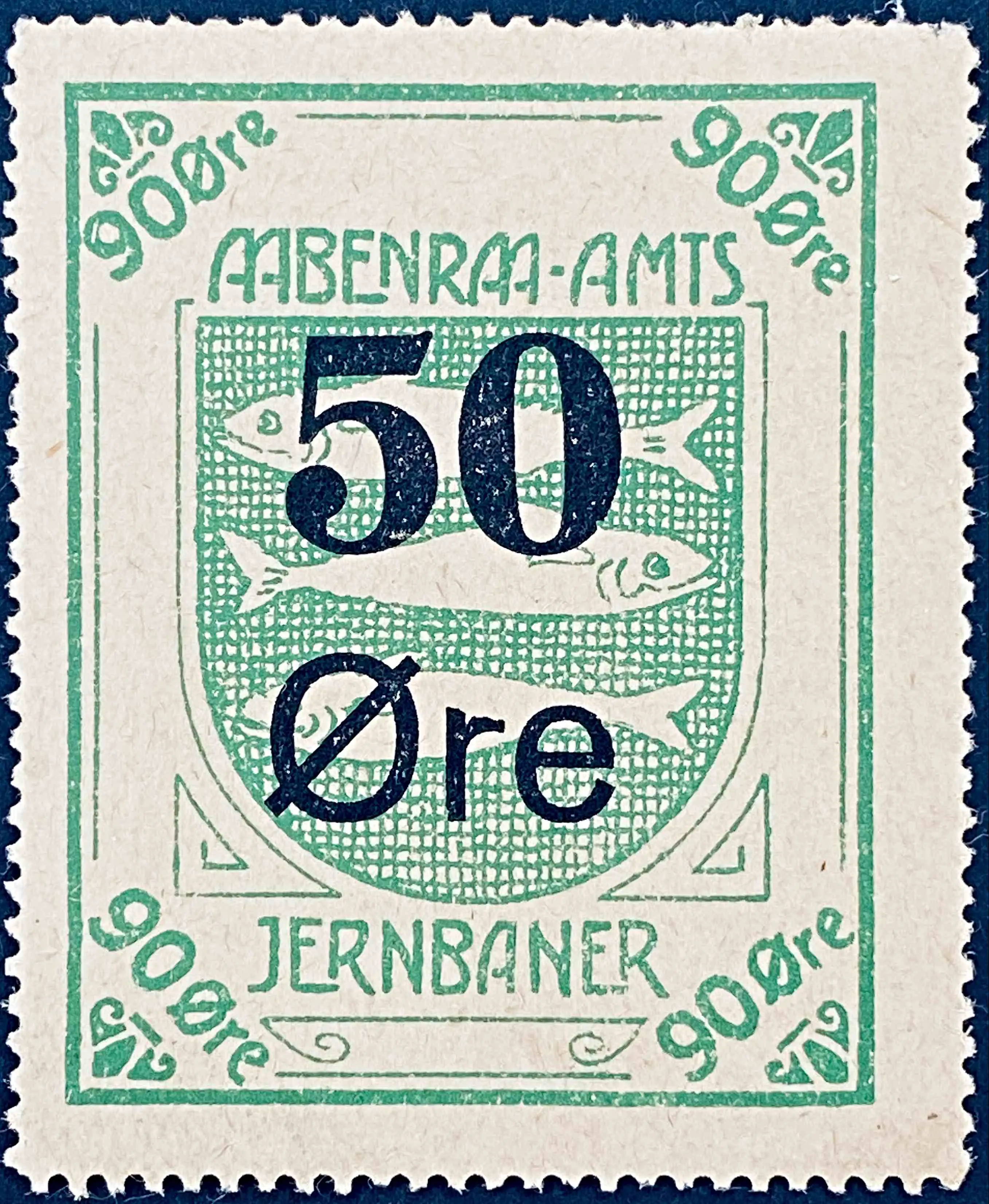 AaAJ 4O - Provisorium (overtryk) 50 Øre sort bogtryk på 90 Øre - Grøn.