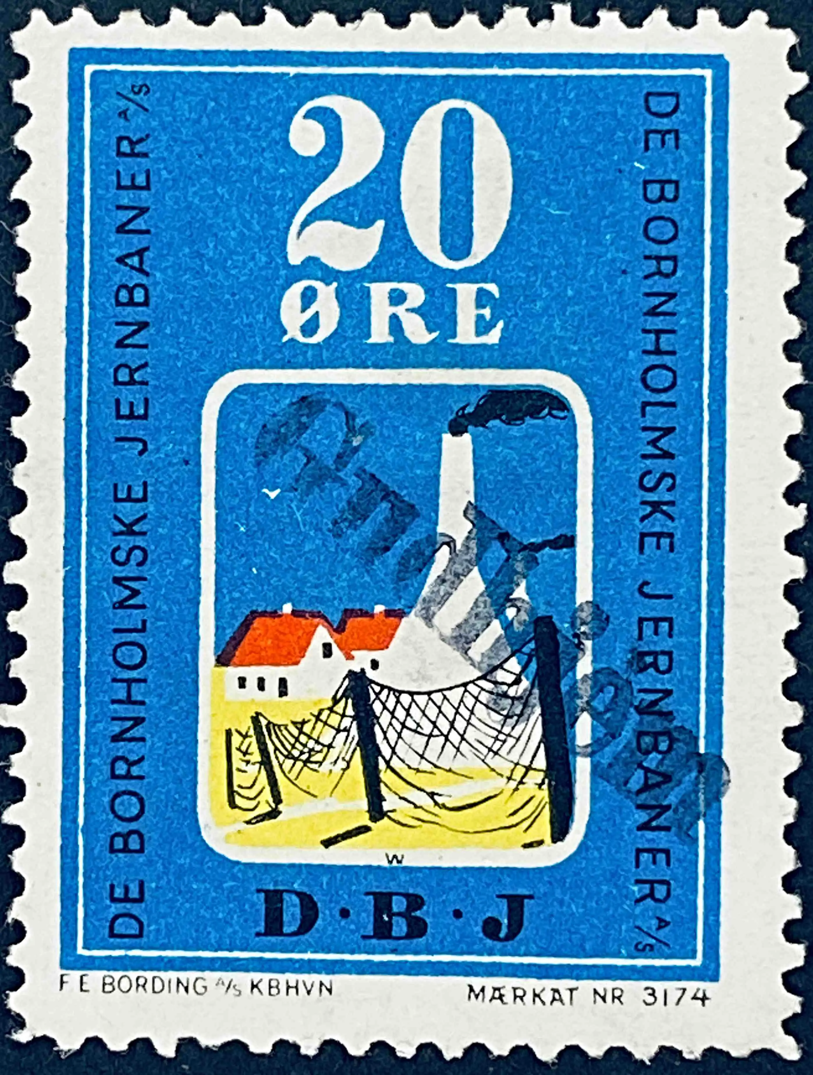 DBJ 8 - 20 Øre - Flerfarvet - trykkeri: F E Bording med mærke nummer: 3174 - stemplet på Gudhjem Station (Gh).