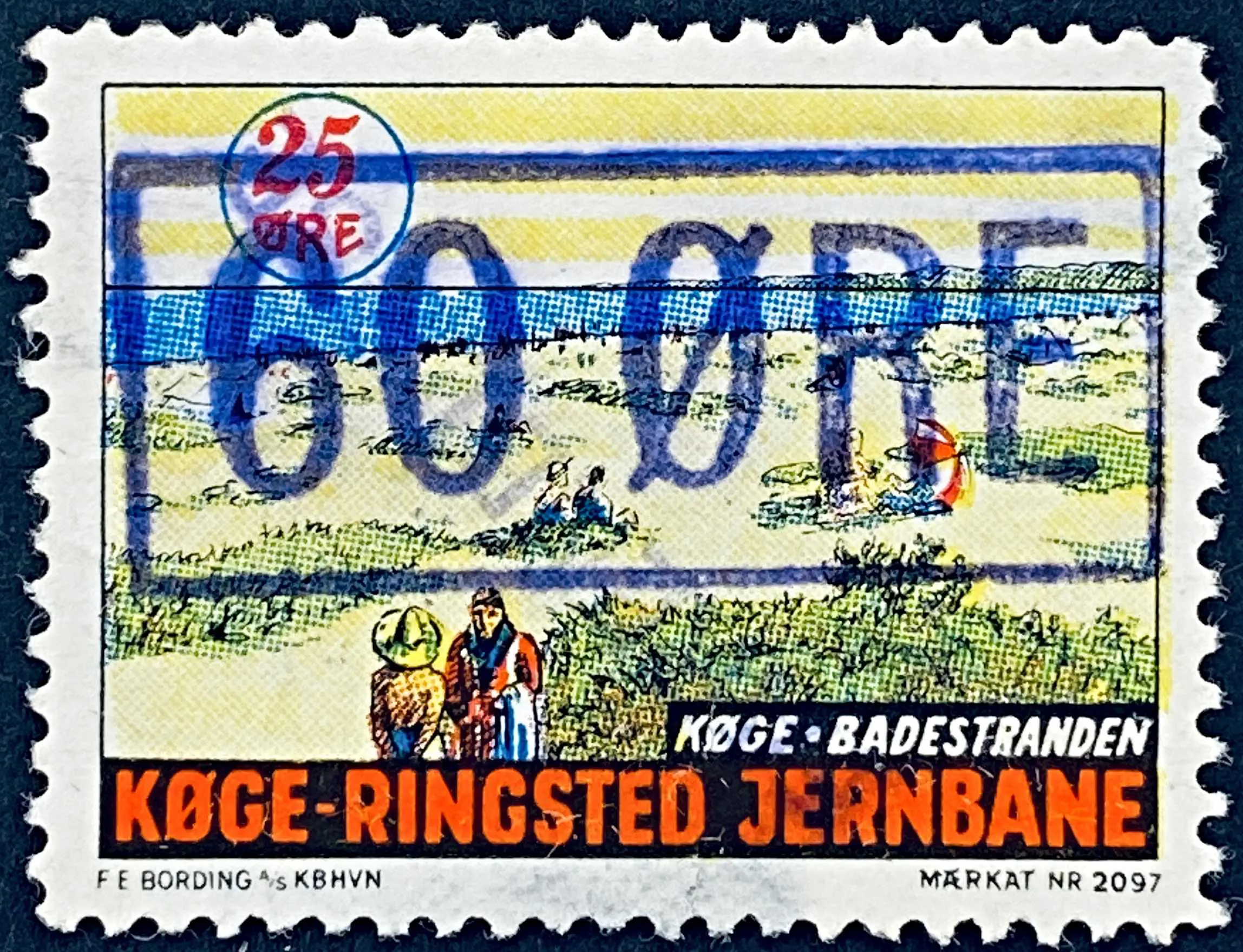 KRB 30 - Provisorium (overtryk) 60 Øre violet håndstemplet på 25 Øre Motiv: Køge badestrand - Flerfarvet - trykkeri: F. E. Bording med mærke nummer: 2097.