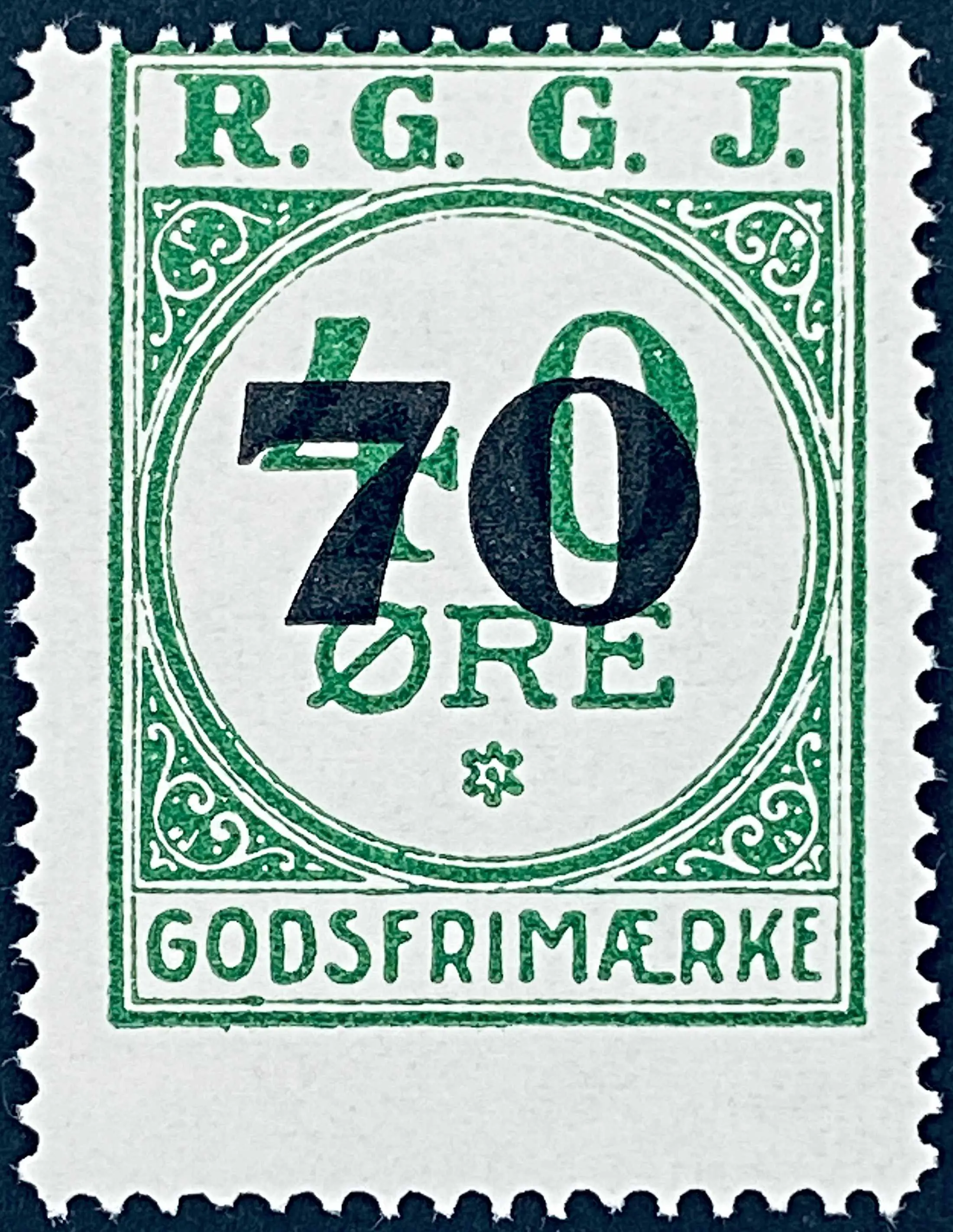 RGGJ 33B - Provisorium (overtryk) 70 Øre sort bogtryk på 40 Øre - Grøn nuance.