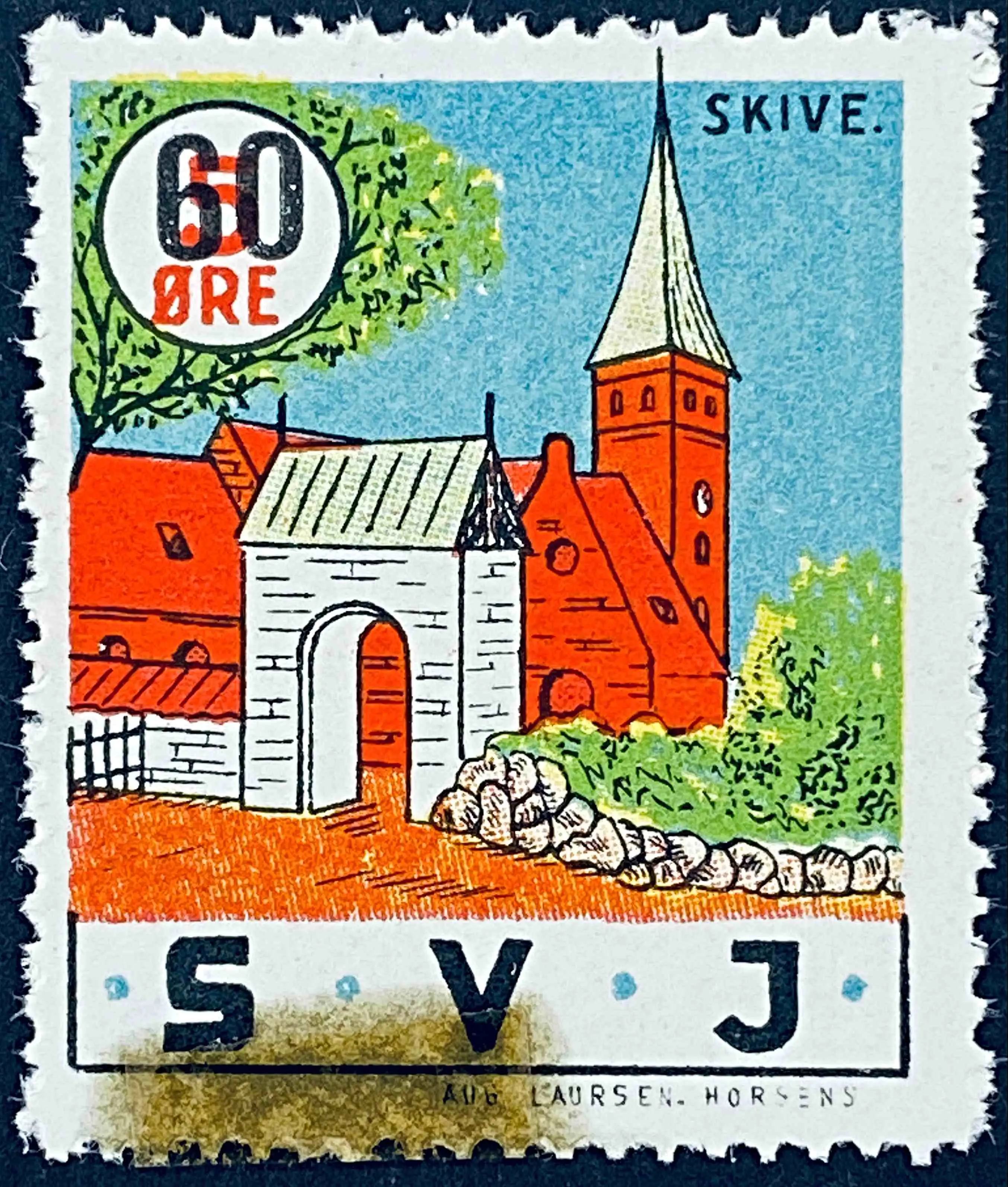 SVJ 15A - Provisorium (overtryk) 60 Øre sort bogtryk på 5 Øre Motiv: Skive kirke bygget 1896-1898 - Flerfarvet - trykkeri: Aug. Laursen: Horsens.