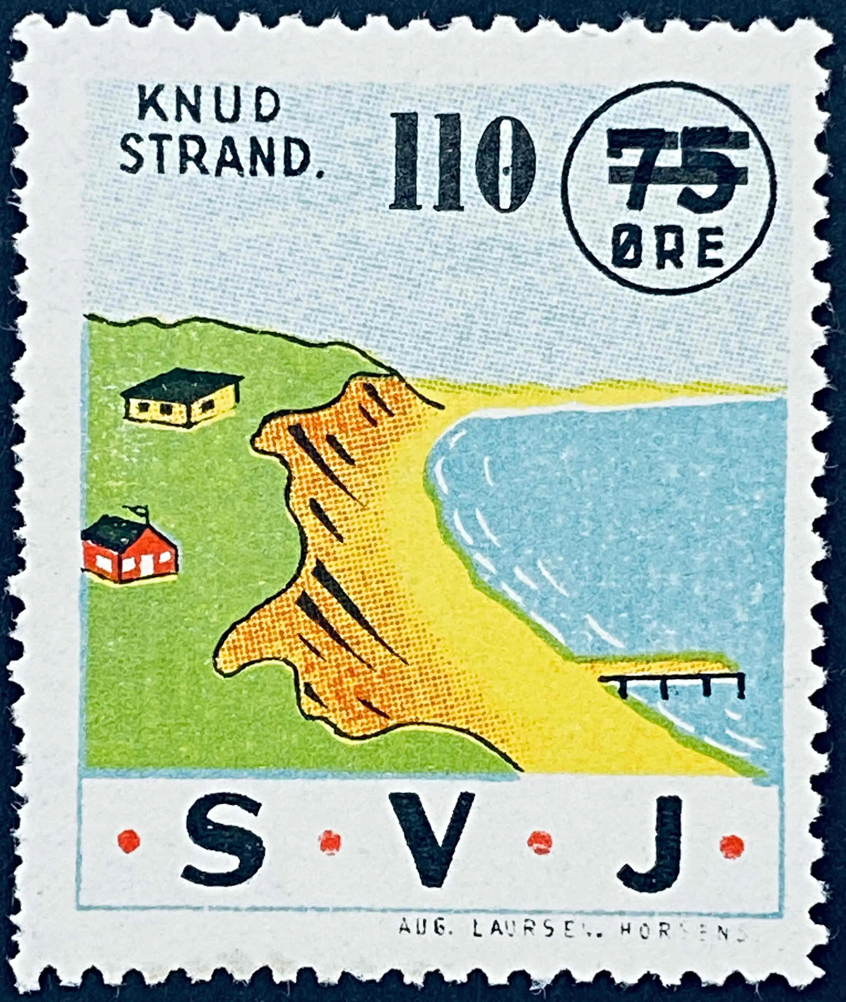 SVJ 23 - Provisorium (overtryk) 110 Øre sort bogtryk på 75 Øre Motiv: Knud Strand - Flerfarvet - trykkeri: Aug. Laursen: Horsens.