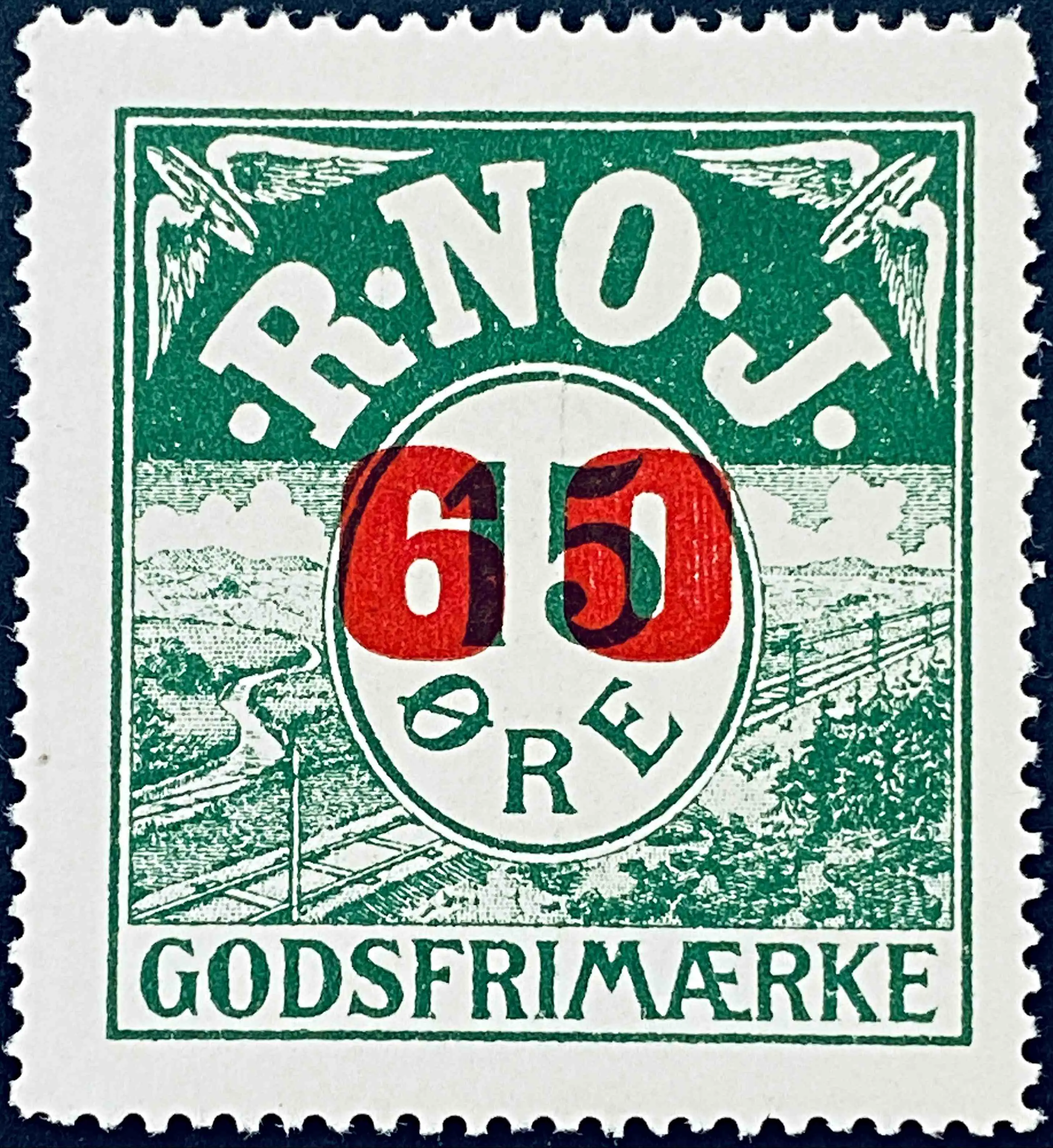 R.No.J 13 - Provisorium (overtryk) 60 Øre rødt bogtryk på 15 Øre - Grøn.