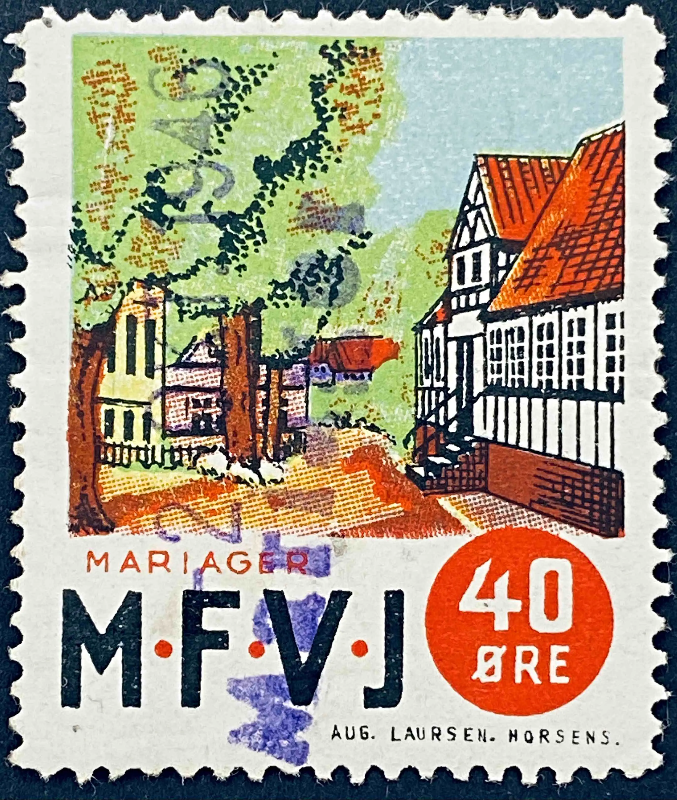 MFVJ 13 - 40 Øre Motiv: Mariager Torv - Flerfarvet - trykkeri: Aug. Laursen: Horsens.