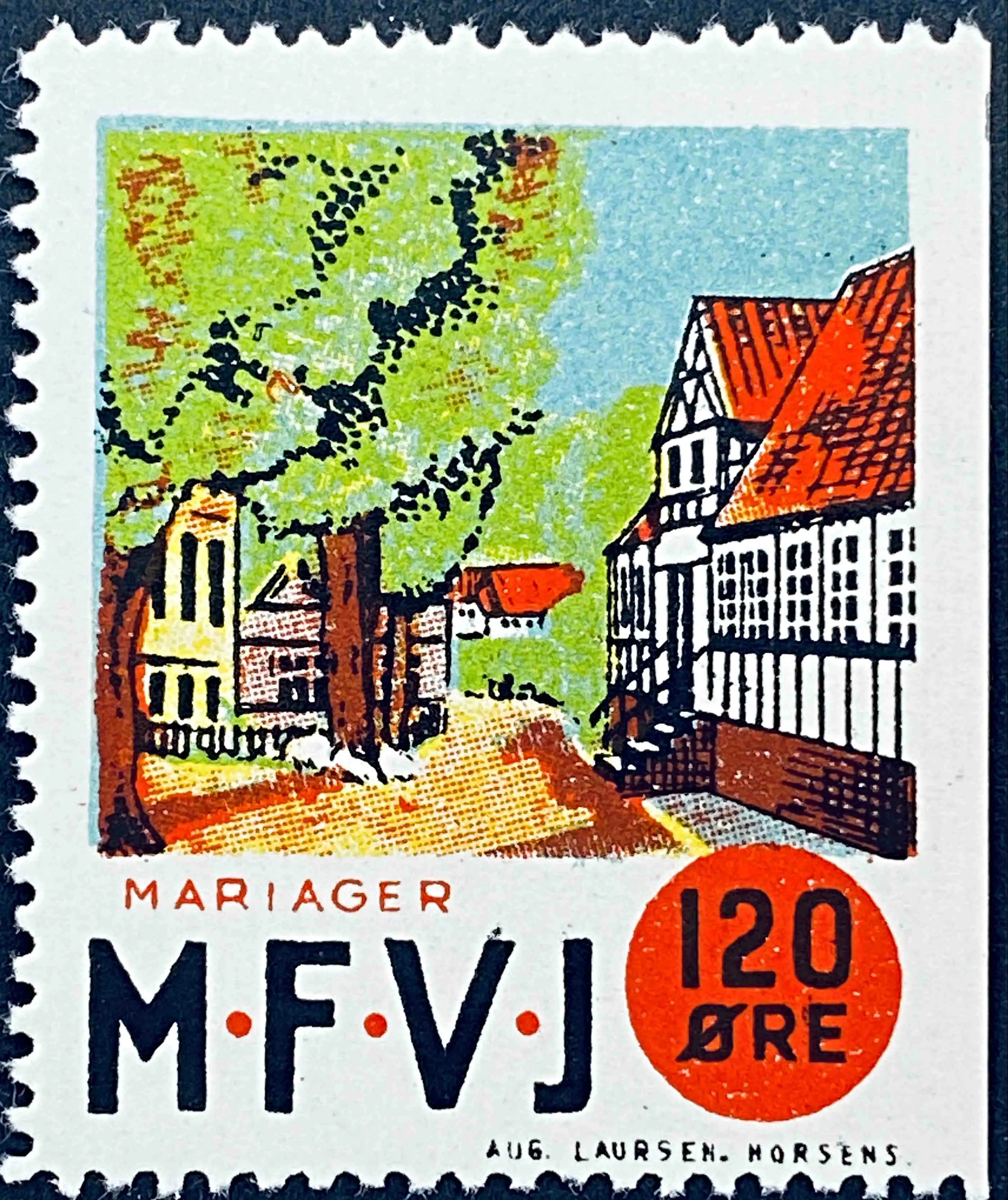 MFVJ 24 - 120 Øre Motiv: Mariager Torv - Flerfarvet - trykkeri: Aug. Laursen: Horsens.