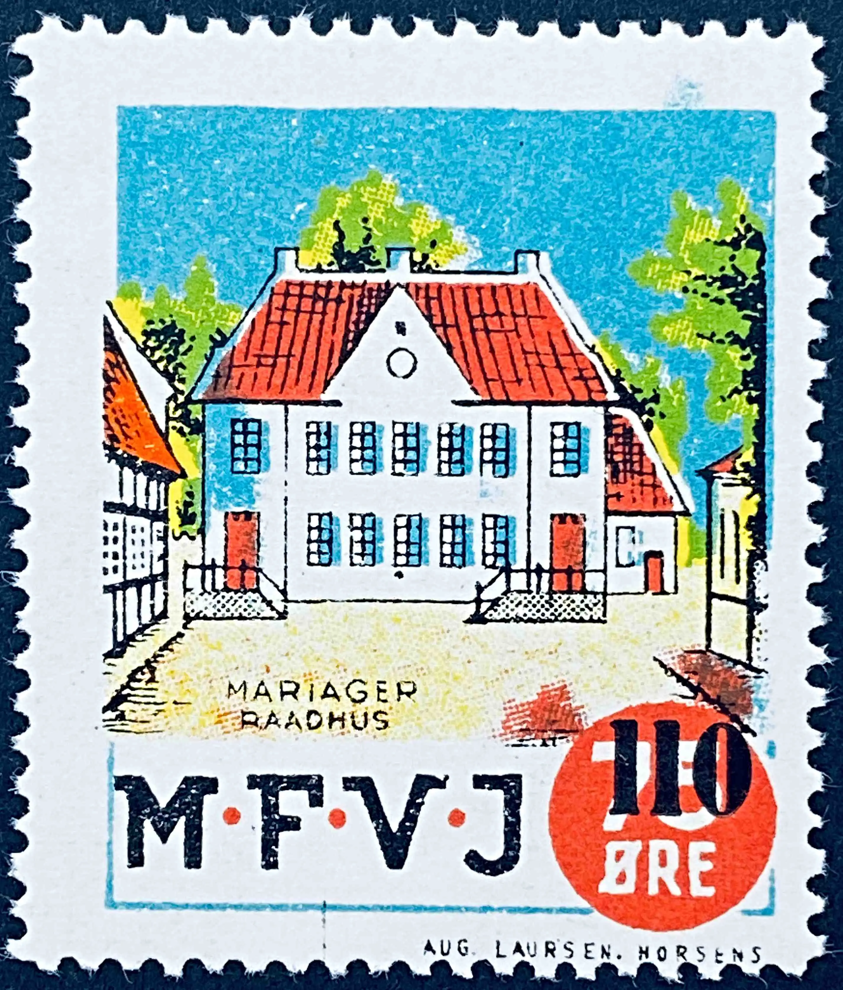MFVJ 27 - Provisorium (overtryk) 110 Øre sort bogtryk på 75 Øre Motiv: Mariager Rådhus - Flerfarvet - trykkeri: Aug. Laursen: Horsens.
