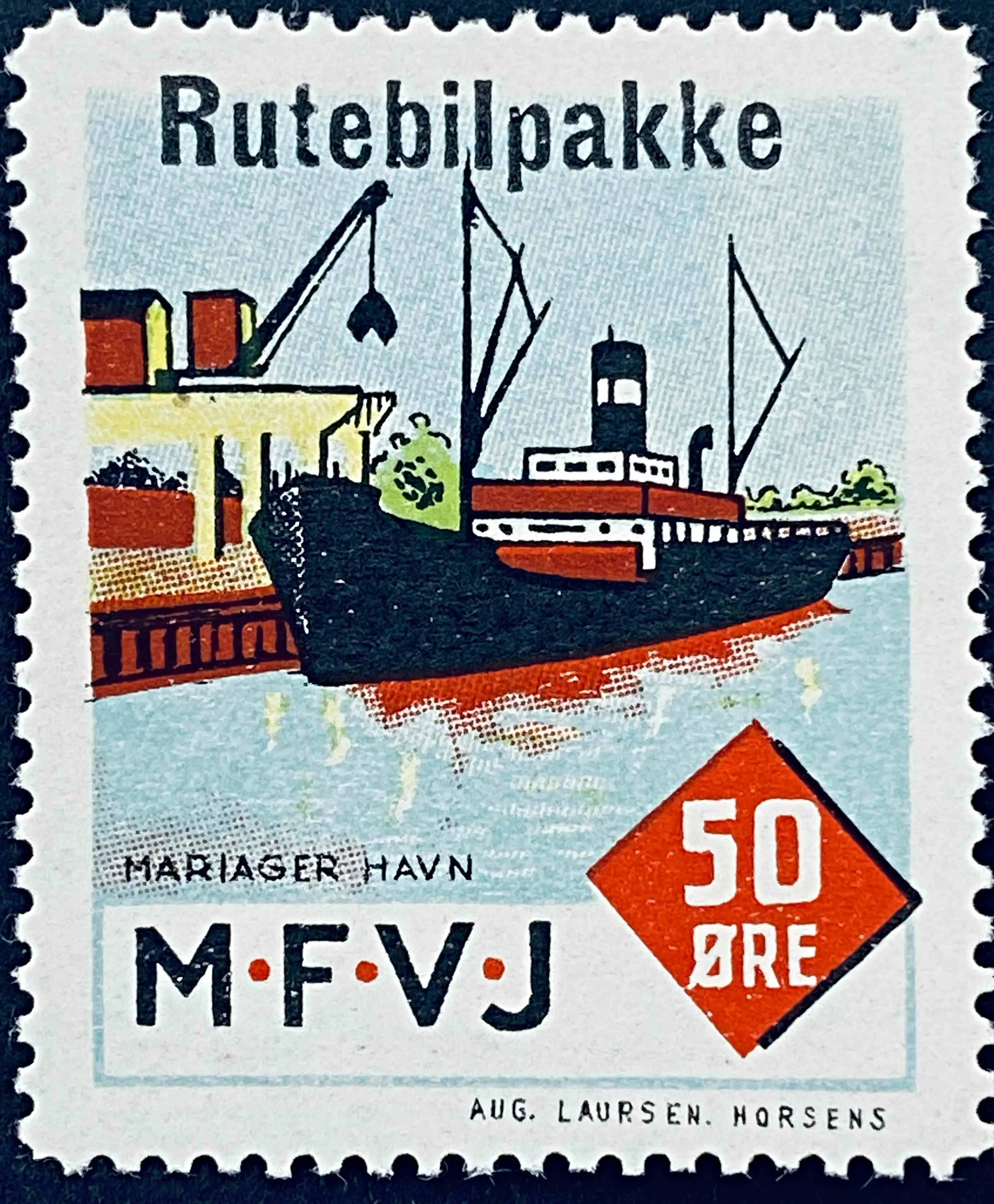 MFVJ R1 - Provisorium (overtryk) "Rutebilpakke" på 50 Øre Motiv: Mariager Havn - Flerfarvet - trykkeri: Aug. Laursen: Horsens.