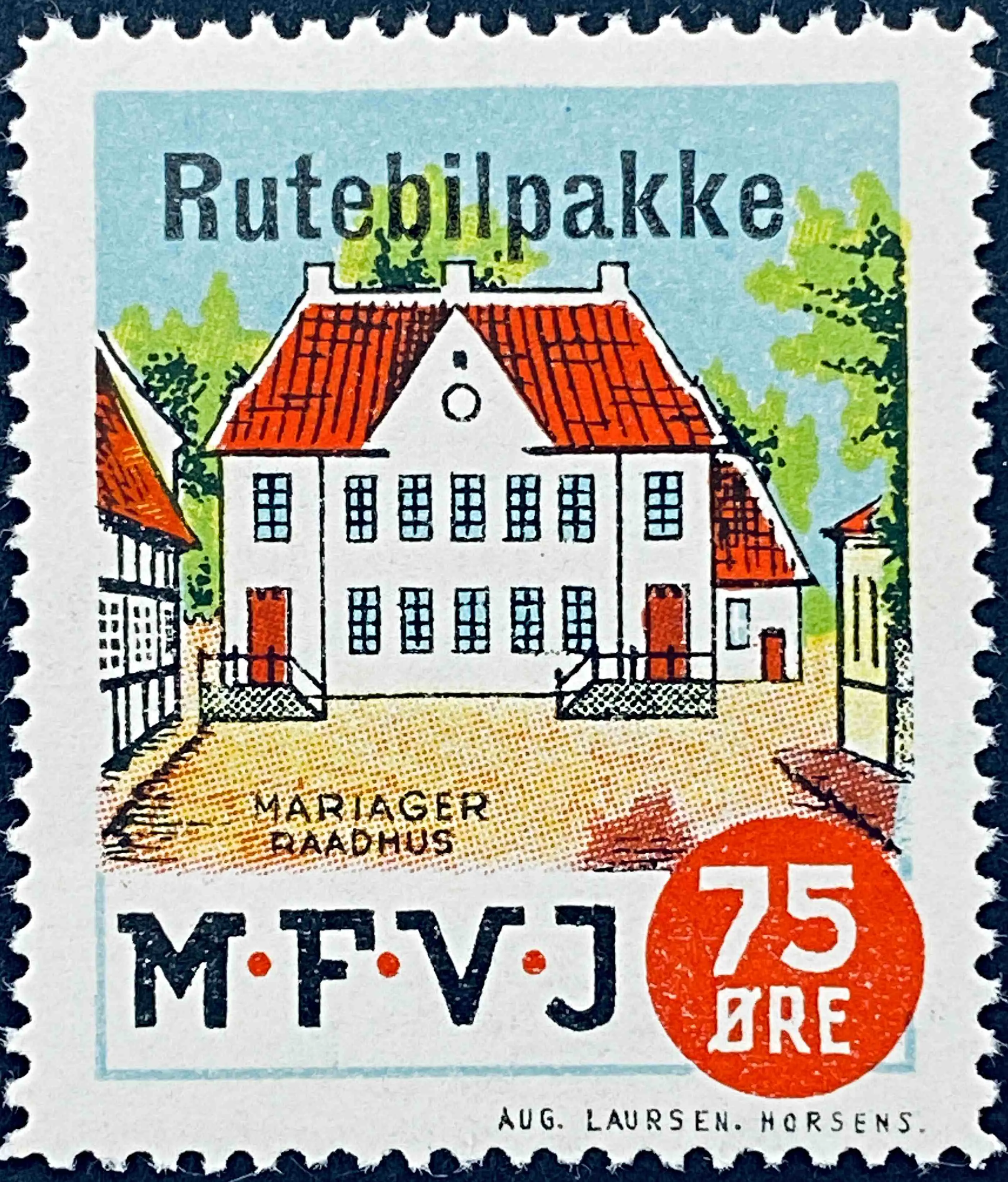 MFVJ R2 - Provisorium (overtryk) "Rutebilpakke" på 75 Øre Motiv: Mariager Rådhus - Flerfarvet - trykkeri: Aug. Laursen: Horsens.