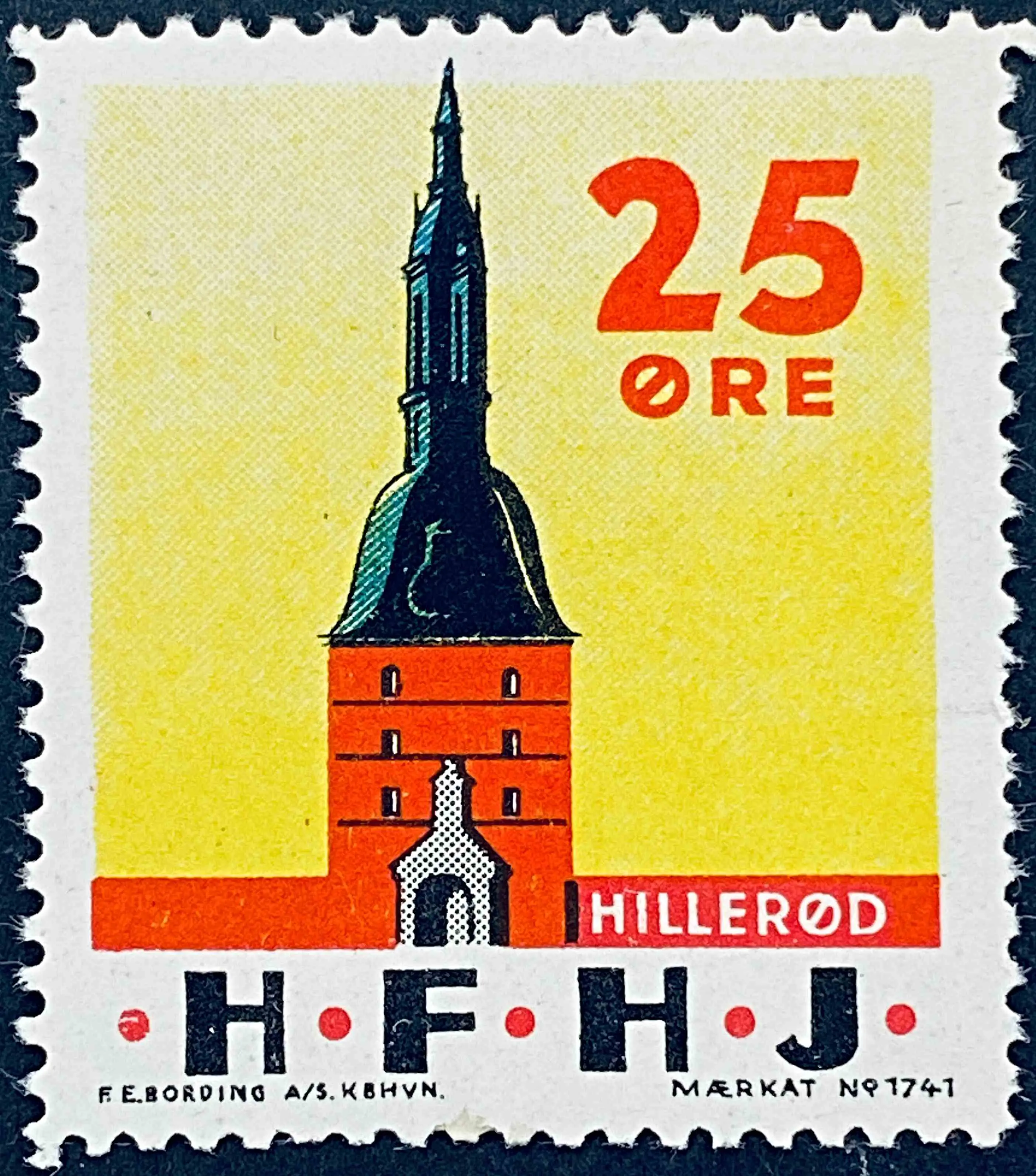 HFHJ 41 - 25 Øre Motiv: Hillerød slotstårn - Flerfarvet - trykkeri: F. E. Bording med mærke nummer: 1741.