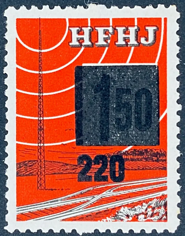 HFHJ 128 - Provisorium (overtryk) 220 Øre sort på 1<sup>50</sup> Kroner Motiv: Radiomast - Rød.