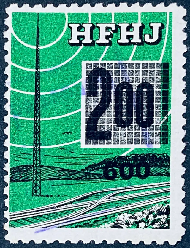 HFHJ 151 - Provisorium (overtryk) 600 Øre sort på 2<sup>00</sup> Kroner Motiv: Radiomast - Mørkegrøn - banemærket er stemplet.