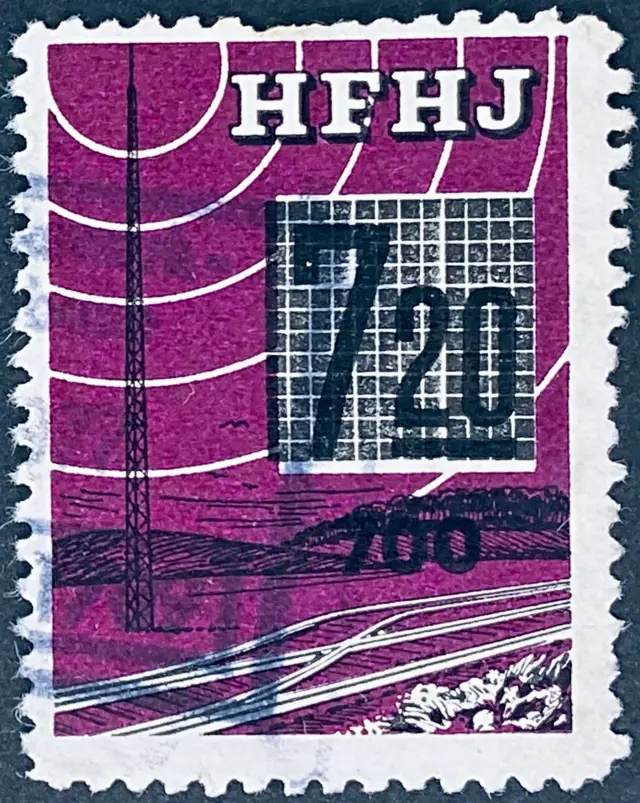 HFHJ 152 - Provisorium (overtryk) 700 Øre sort på 7<sup>20</sup> Kroner Motiv: Radiomast - Lilla - banemærket er stemplet.