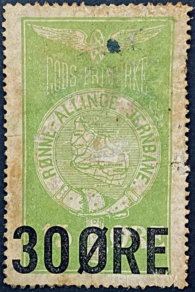 RAJ 7 - Provisorium (overtryk) 30 Øre sort bogtryk på 15 Øre Motiv: Kort over Bornholm - Grøn.