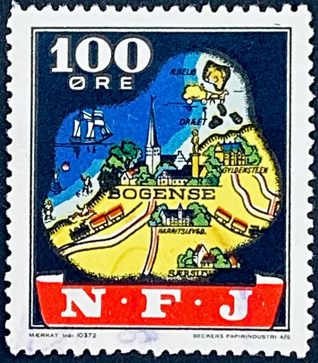 NFJ 42 - 100 Øre Motiv: Kort over Bogense by og omegn - Flerfarvet - trykkeri: Beckers Papirindustri A/S - banemærket er stemplet.