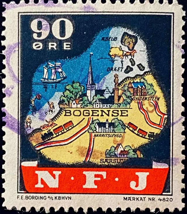 NFJ 34 - 90 Øre Motiv: Kort over Bogense by og omegn - Flerfarvet - trykkeri: F E Bording med mærke nummer: 4820 - banemærket er stemplet.