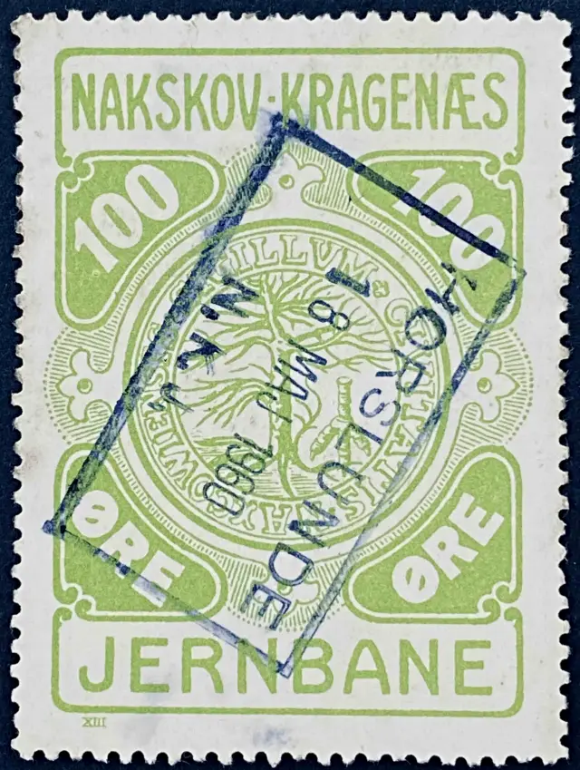 NKJ 25 - 100 Øre - Grøn - stemplet på Horslunde Station. NKJ 25 - 100 Øre - Grøn - stemplet på Horslunde Station.