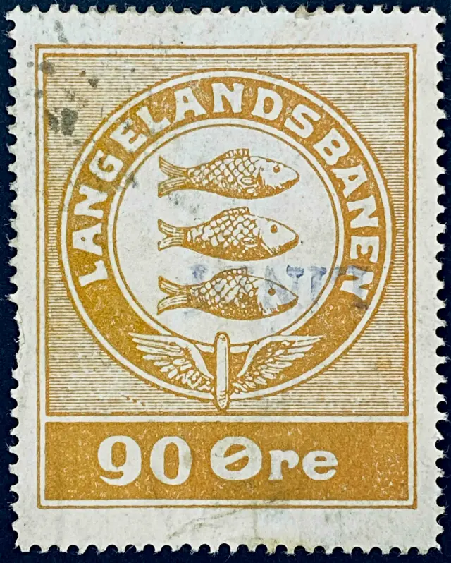 LB 8 - 90 Øre Motiv: Rudkøbings byvåben - Brun - stemplet på Lindelse Station (Lin).
