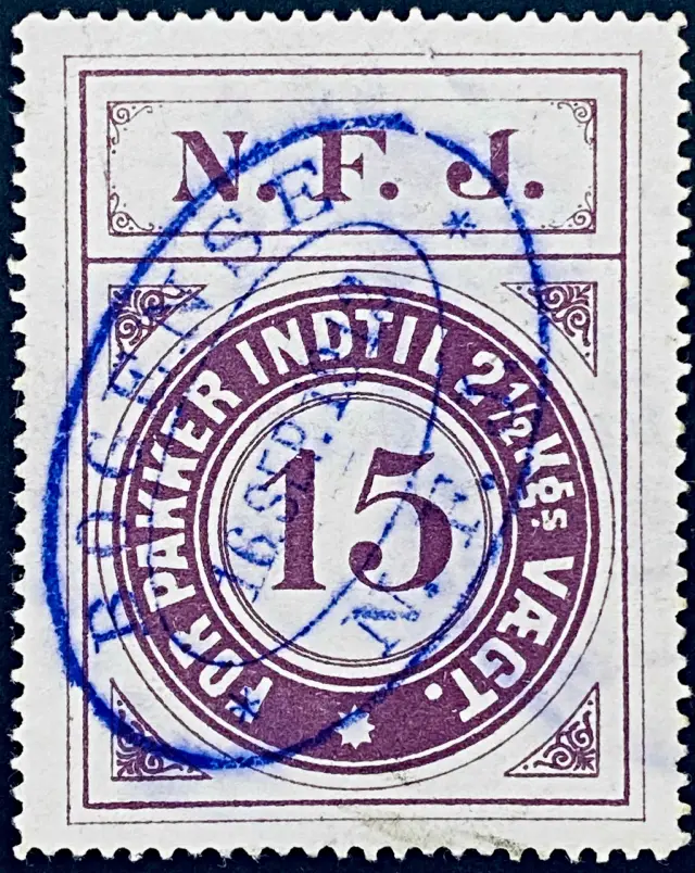 NFJ 6 - 15 Øre - Violet nuance - stemplet på Bogense Station (Bgs).