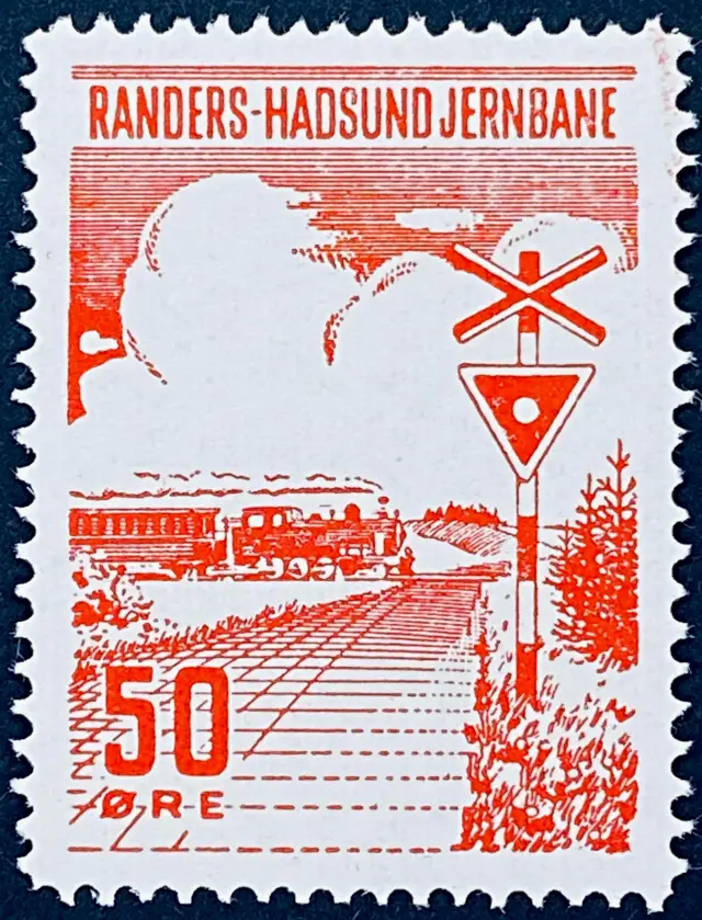 RHJ 74A - 50 Øre Motiv: Damptog krydsende jernbaneoverskæring - Rød.